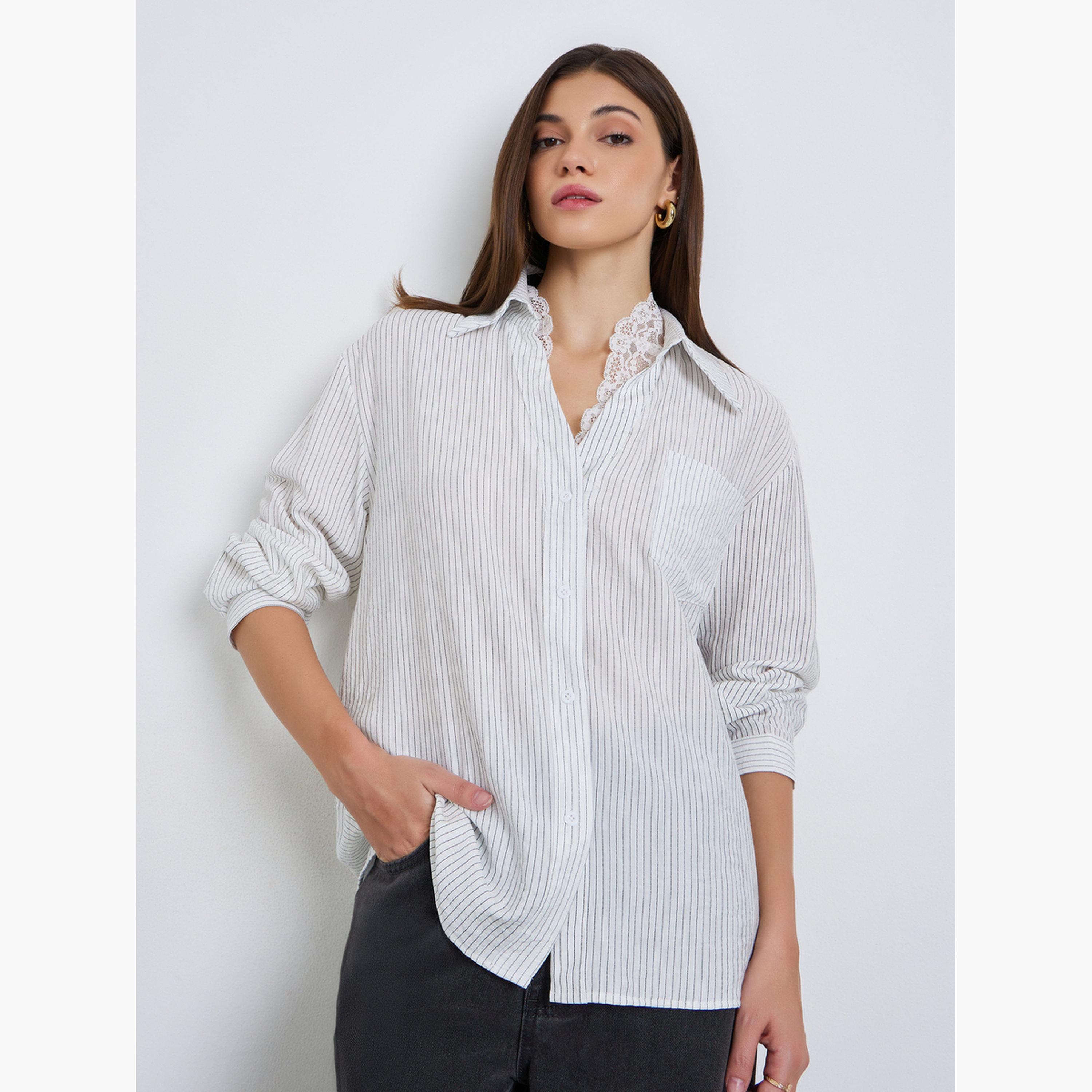 Styli Women White Pinstripe Oversized Shirt with Lace Trim-women-clothing-shirtsandblouses-shirts-image-1