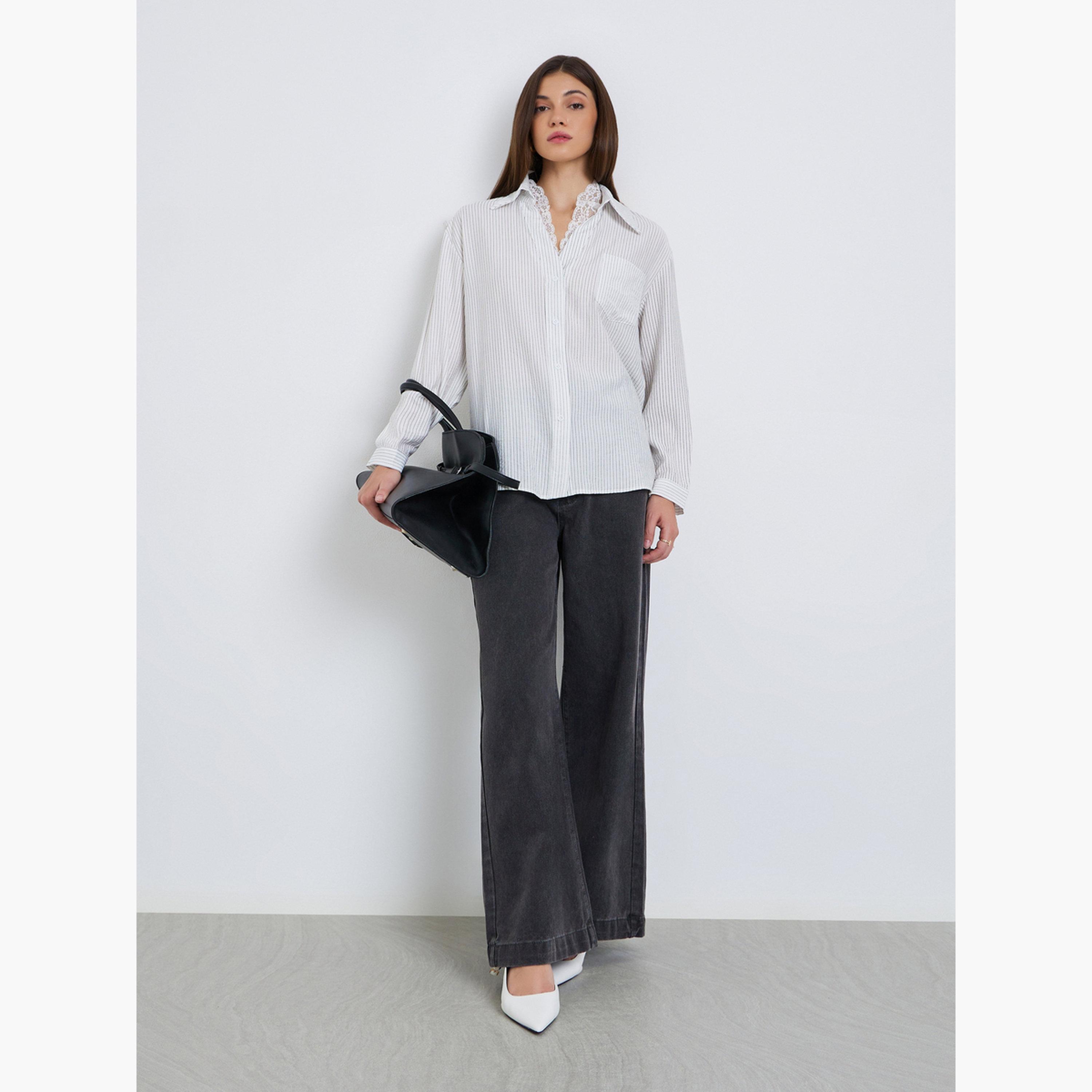 Styli Women White Pinstripe Oversized Shirt with Lace Trim-women-clothing-shirtsandblouses-shirts-image-2