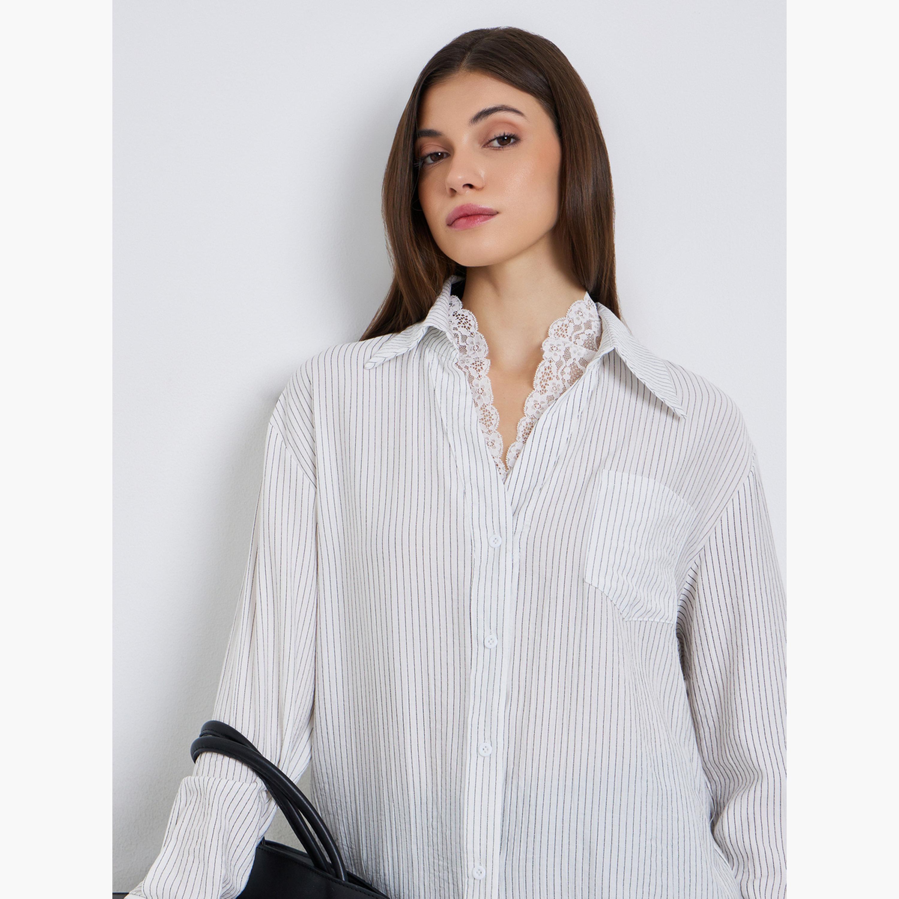 بلوزة كاجوال مخططة مع تفاصيل دانتيل-women-clothing-shirtsandblouses-shirts-image-3