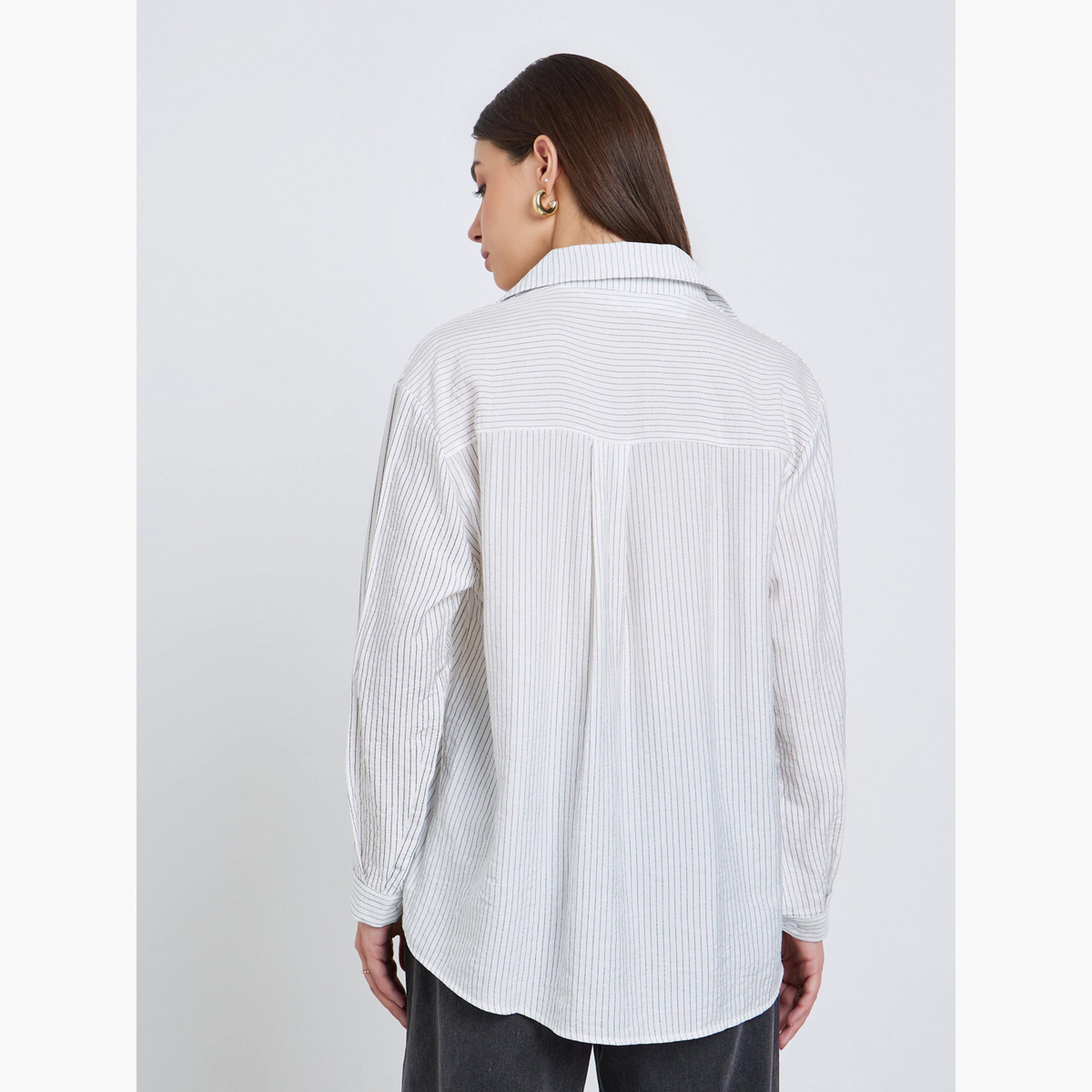 Styli Women White Pinstripe Oversized Shirt with Lace Trim-women-clothing-shirtsandblouses-shirts-image-5
