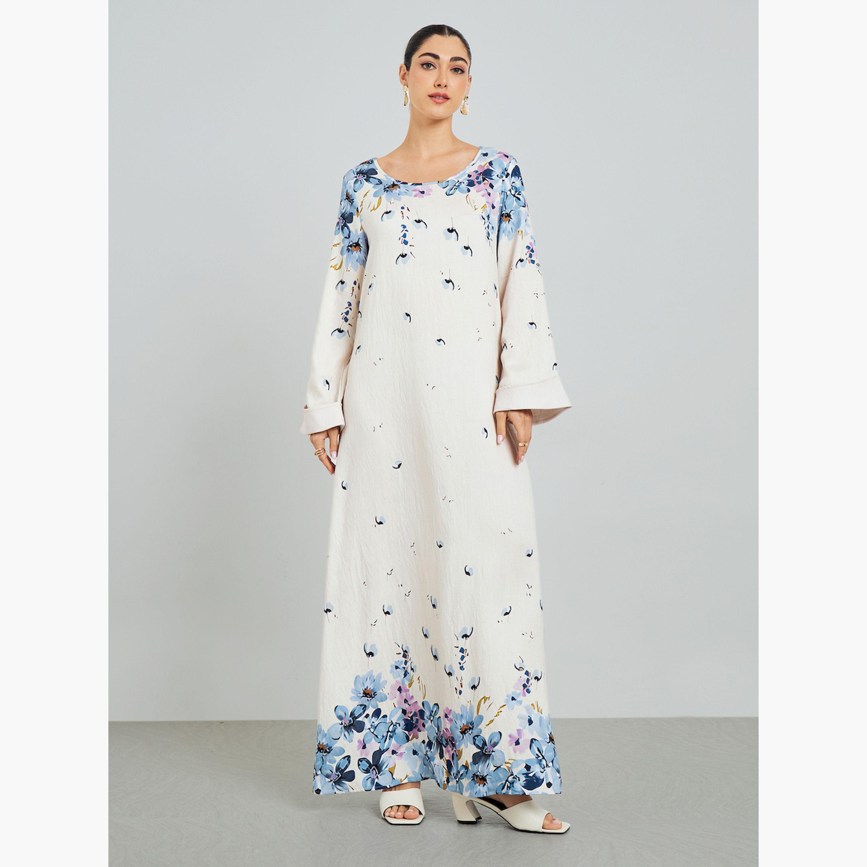 Styli Blue Floral Print A-Line Jalabiya-women-arabicclothing-jalabiyas-image-1