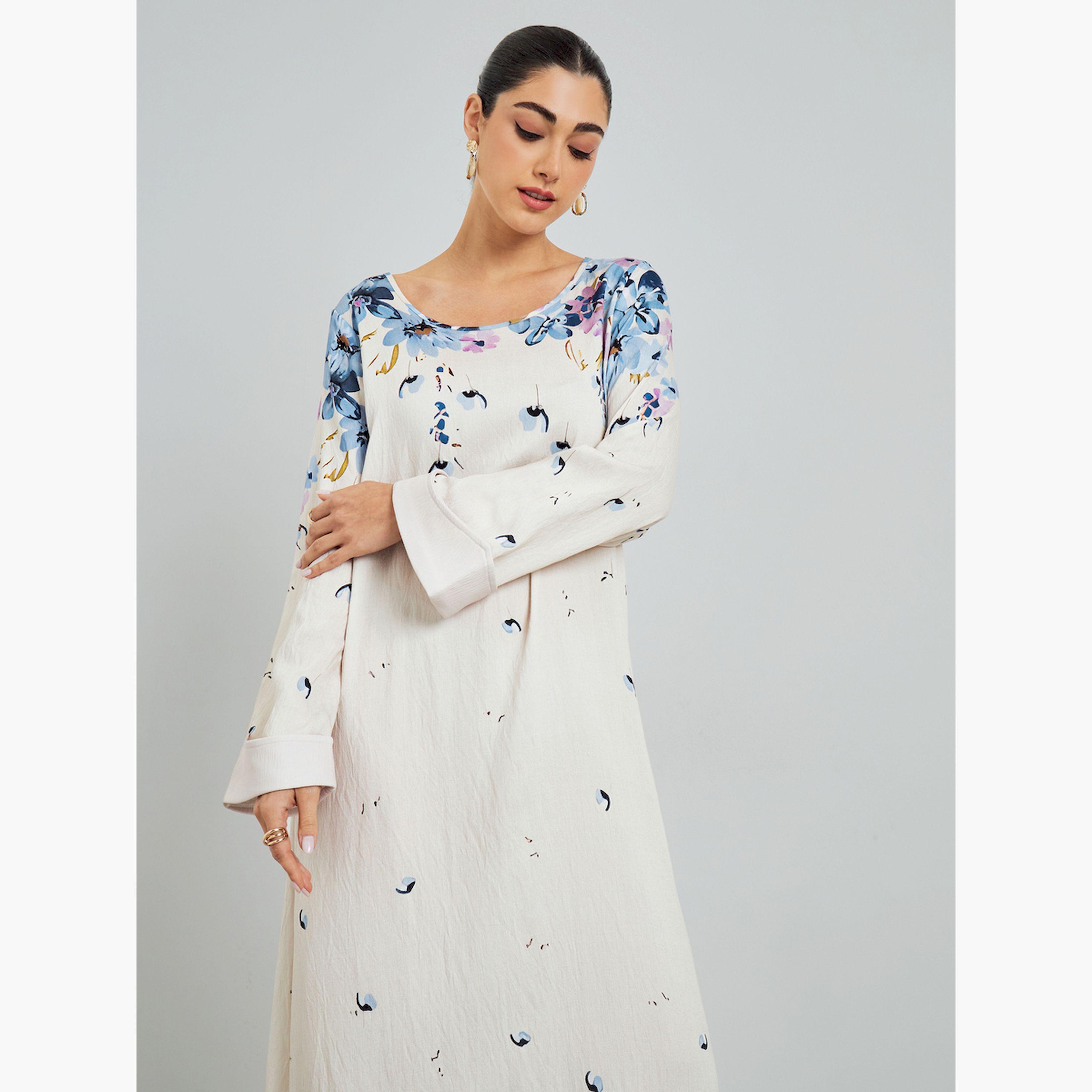 Styli Blue Floral Print A-Line Jalabiya-women-arabicclothing-jalabiyas-image-2