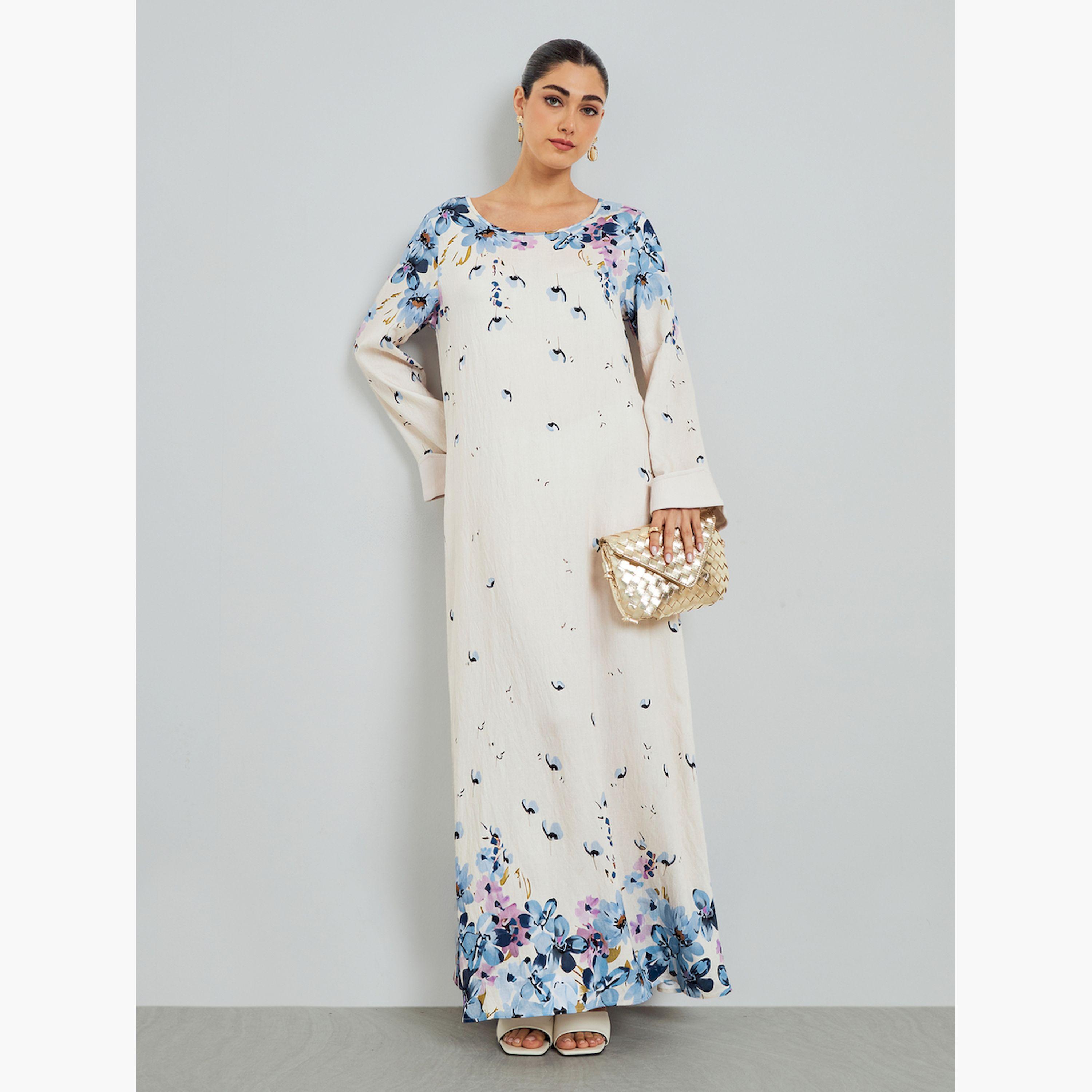 Styli Blue Floral Print A-Line Jalabiya-women-arabicclothing-jalabiyas-image-3