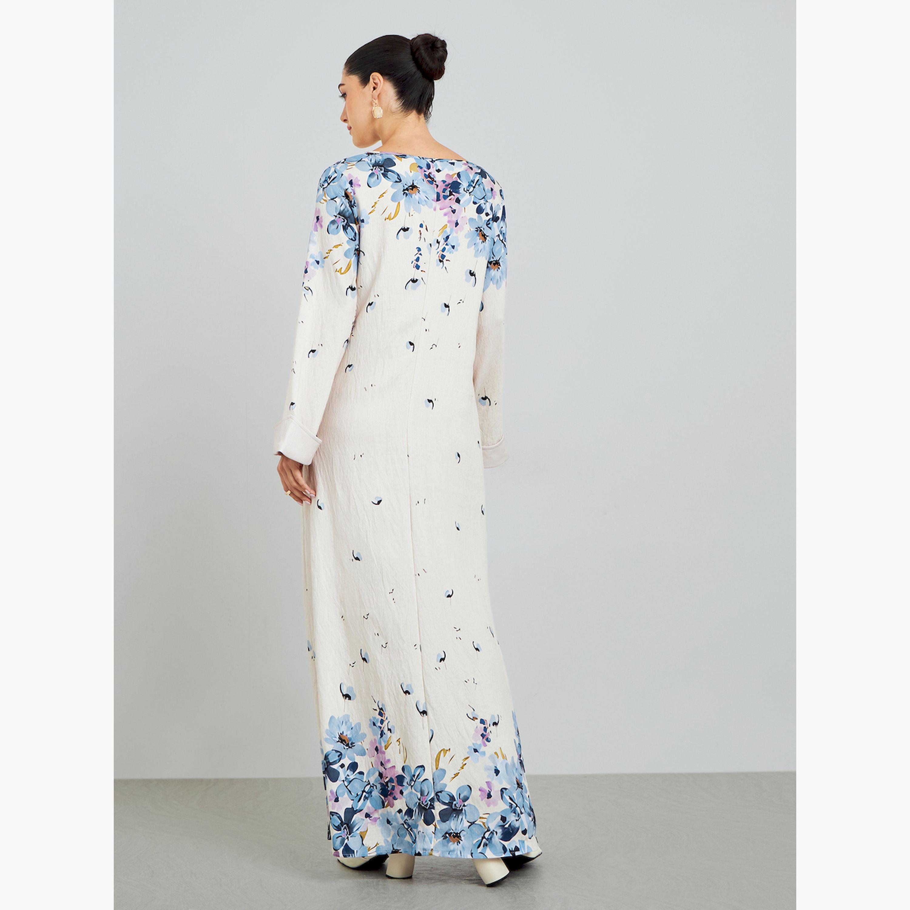 Styli Blue Floral Print A-Line Jalabiya-women-arabicclothing-jalabiyas-image-4