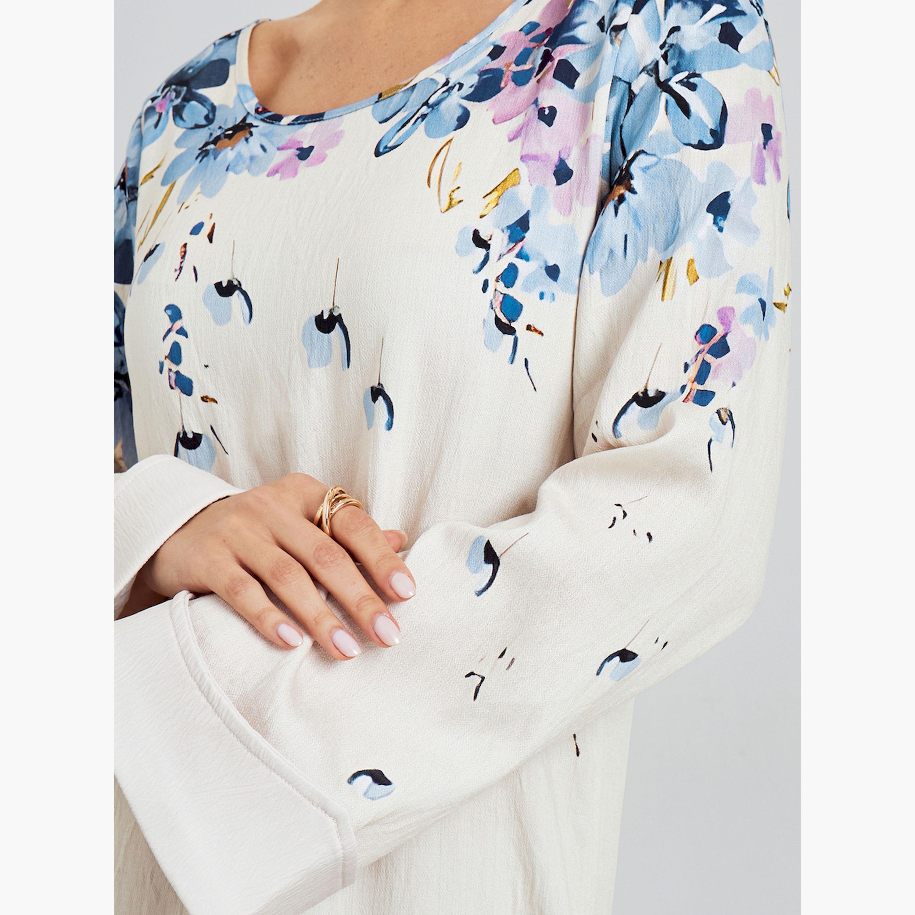 Styli Blue Floral Print A-Line Jalabiya-women-arabicclothing-jalabiyas-image-5