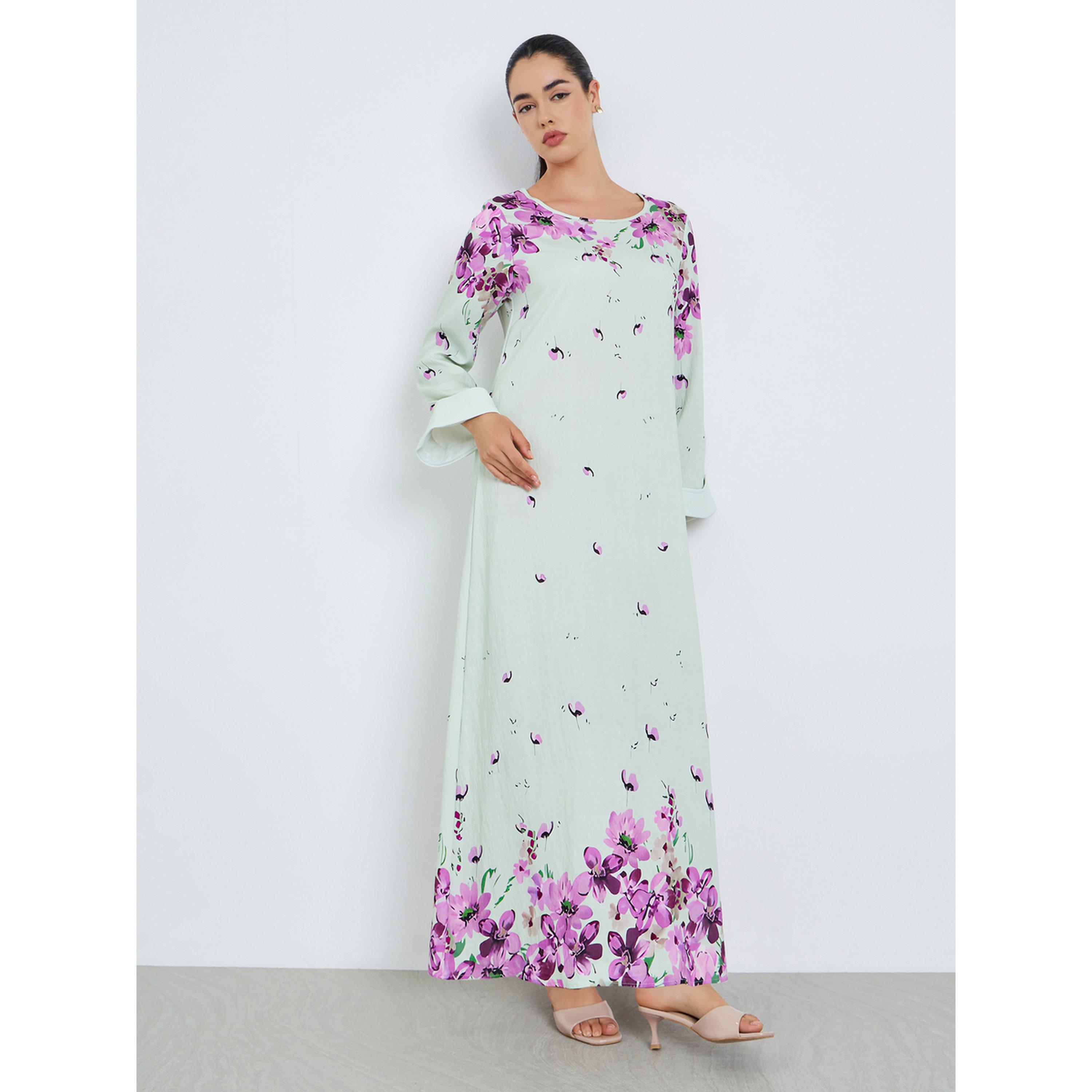 جلابية بحافة واسعة وطبعة أزهار للنساء-women-arabicclothing-jalabiyas-image-1