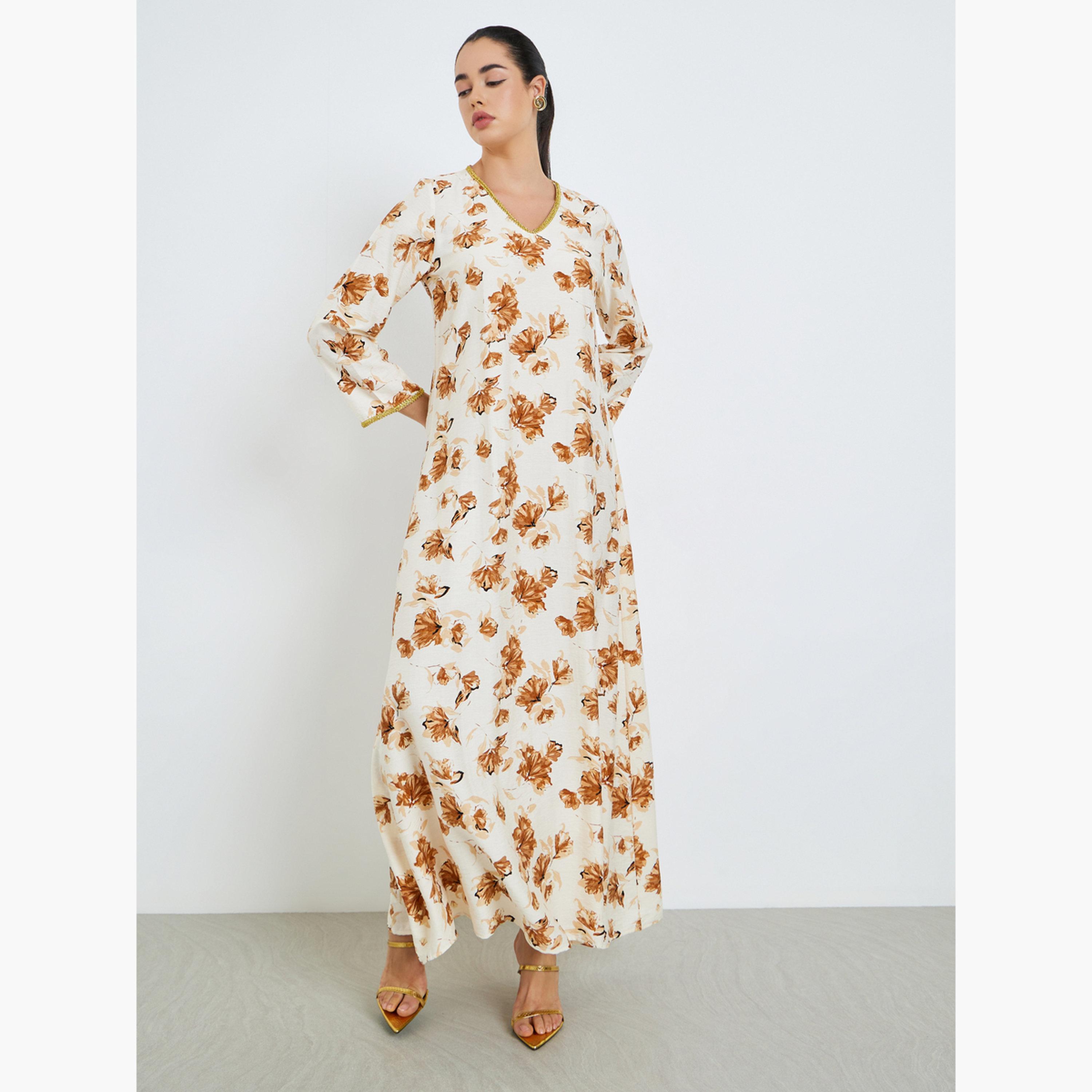 جلابية بحافة واسعة وطبعة زهور للنساء-women-arabicclothing-jalabiyas-image-2