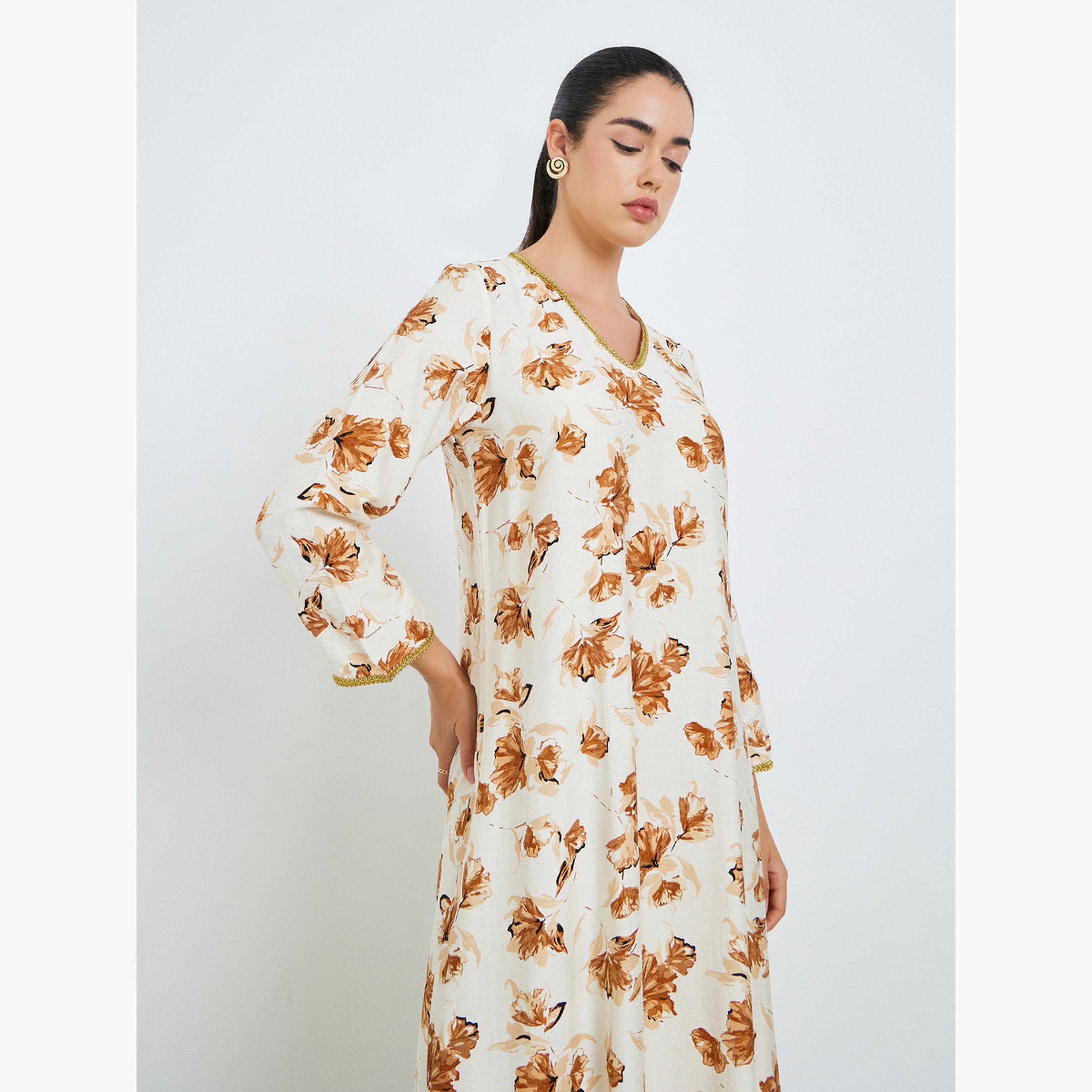 جلابية بحافة واسعة وطبعة زهور للنساء-women-arabicclothing-jalabiyas-image-3