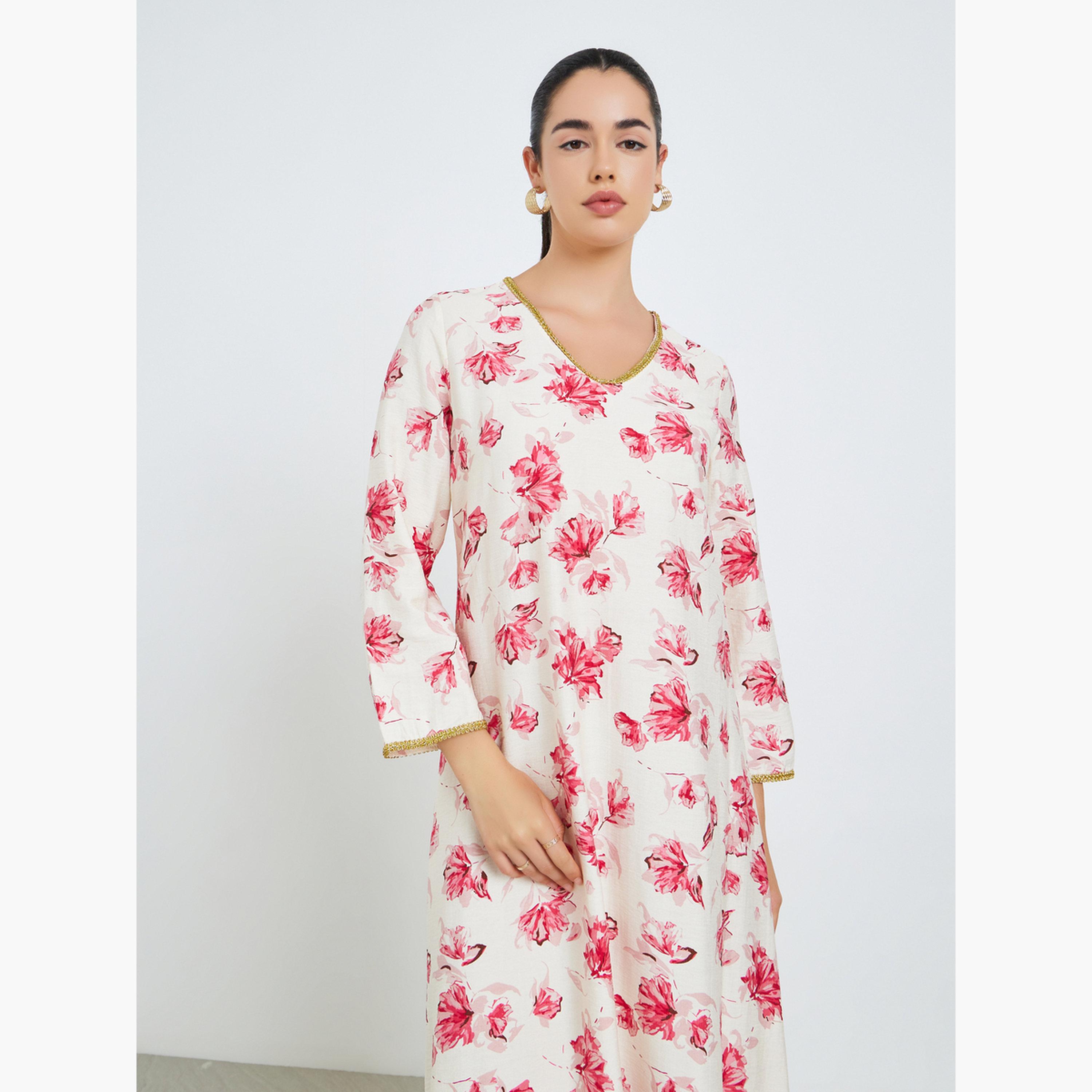 جلابية بحافة واسعة وطبعة زهور للنساء-women-arabicclothing-jalabiyas-image-2