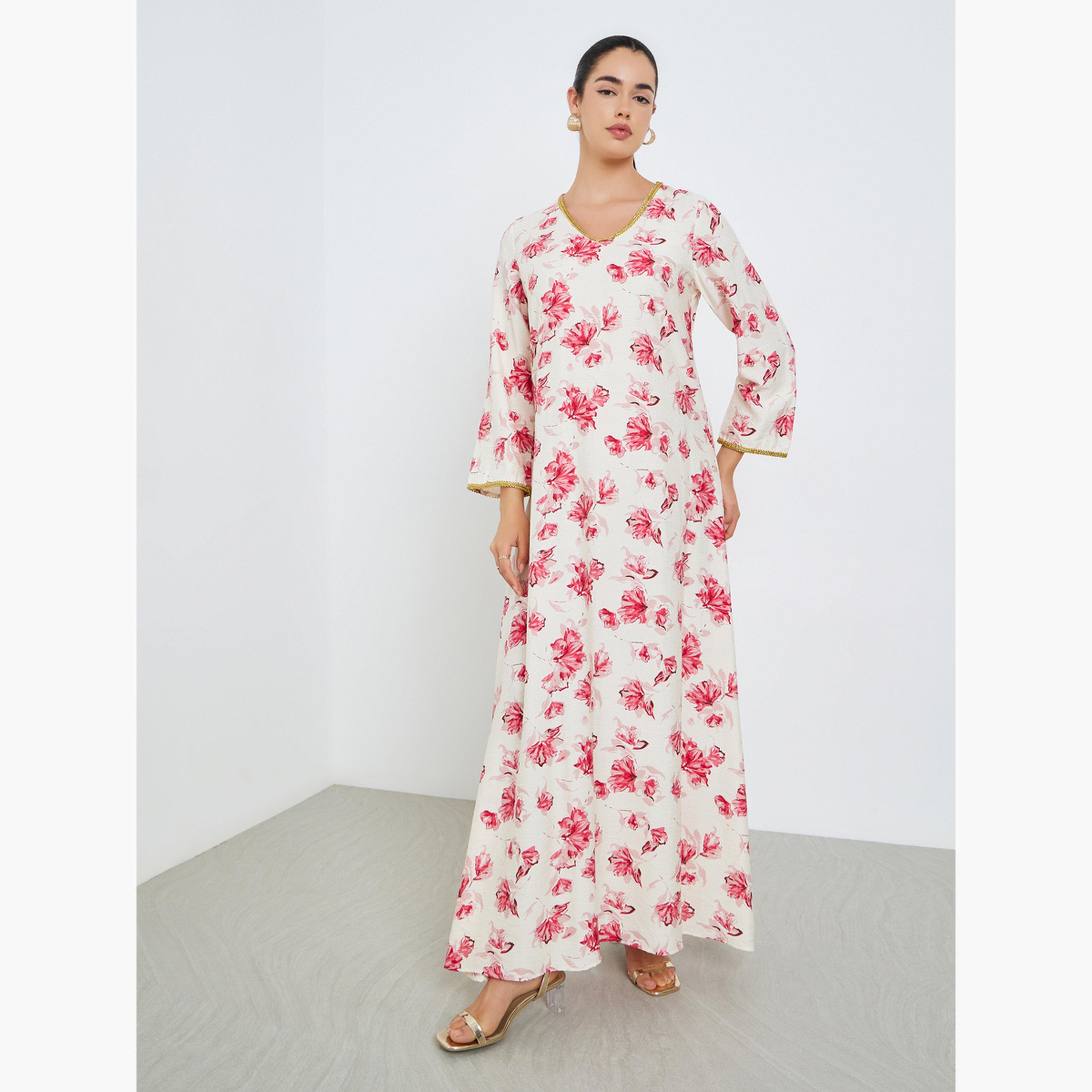 Styli Women Floral Printed A-Line Jalabiya-women-arabicclothing-jalabiyas-image-3