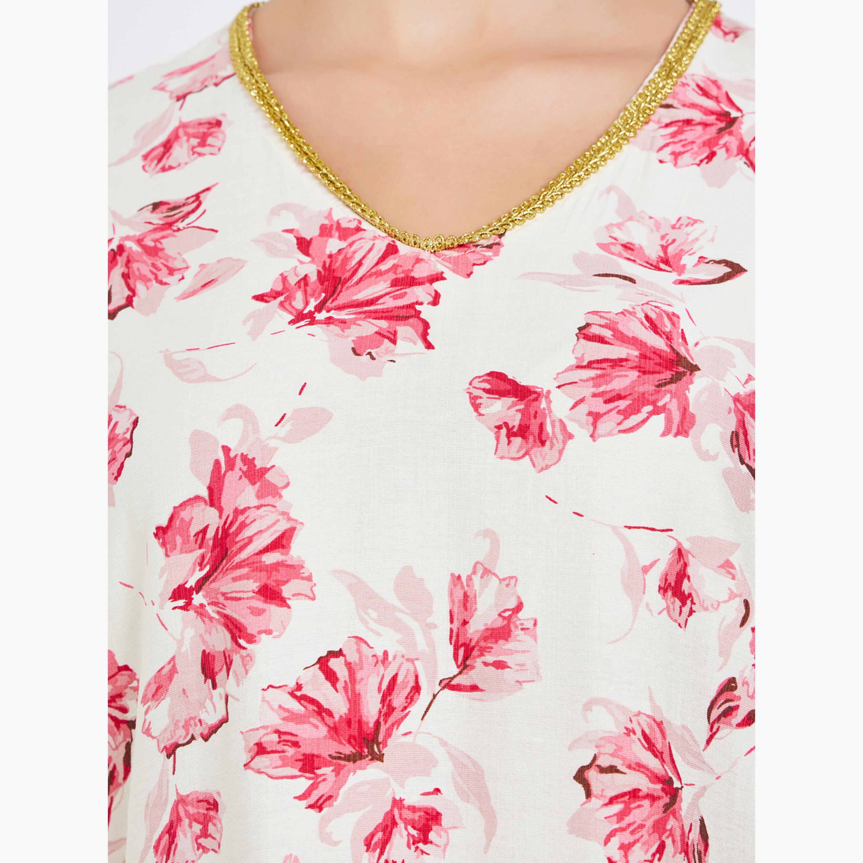 جلابية بحافة واسعة وطبعة زهور للنساء-women-arabicclothing-jalabiyas-image-4