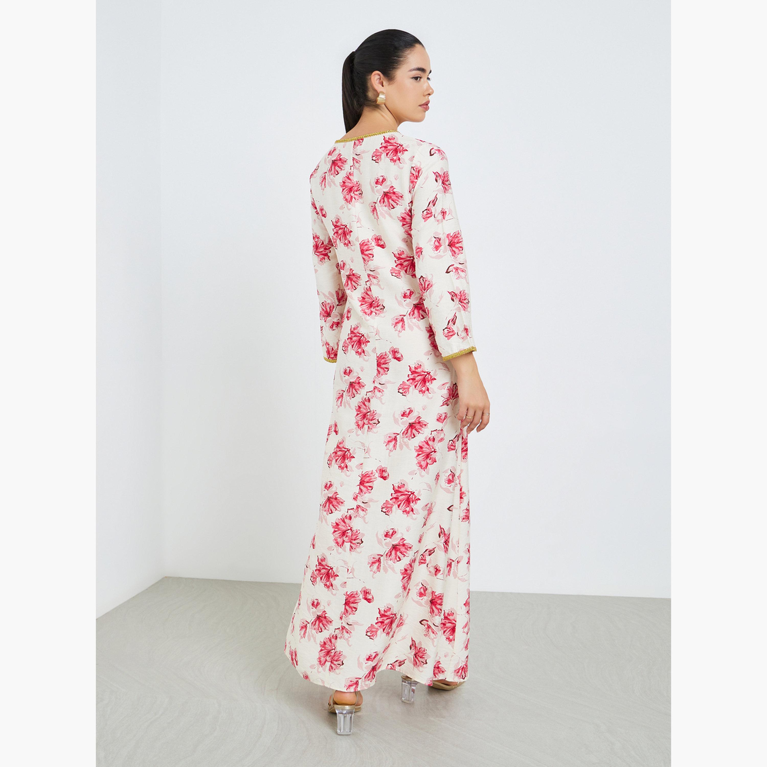 جلابية بحافة واسعة وطبعة زهور للنساء-women-arabicclothing-jalabiyas-image-5