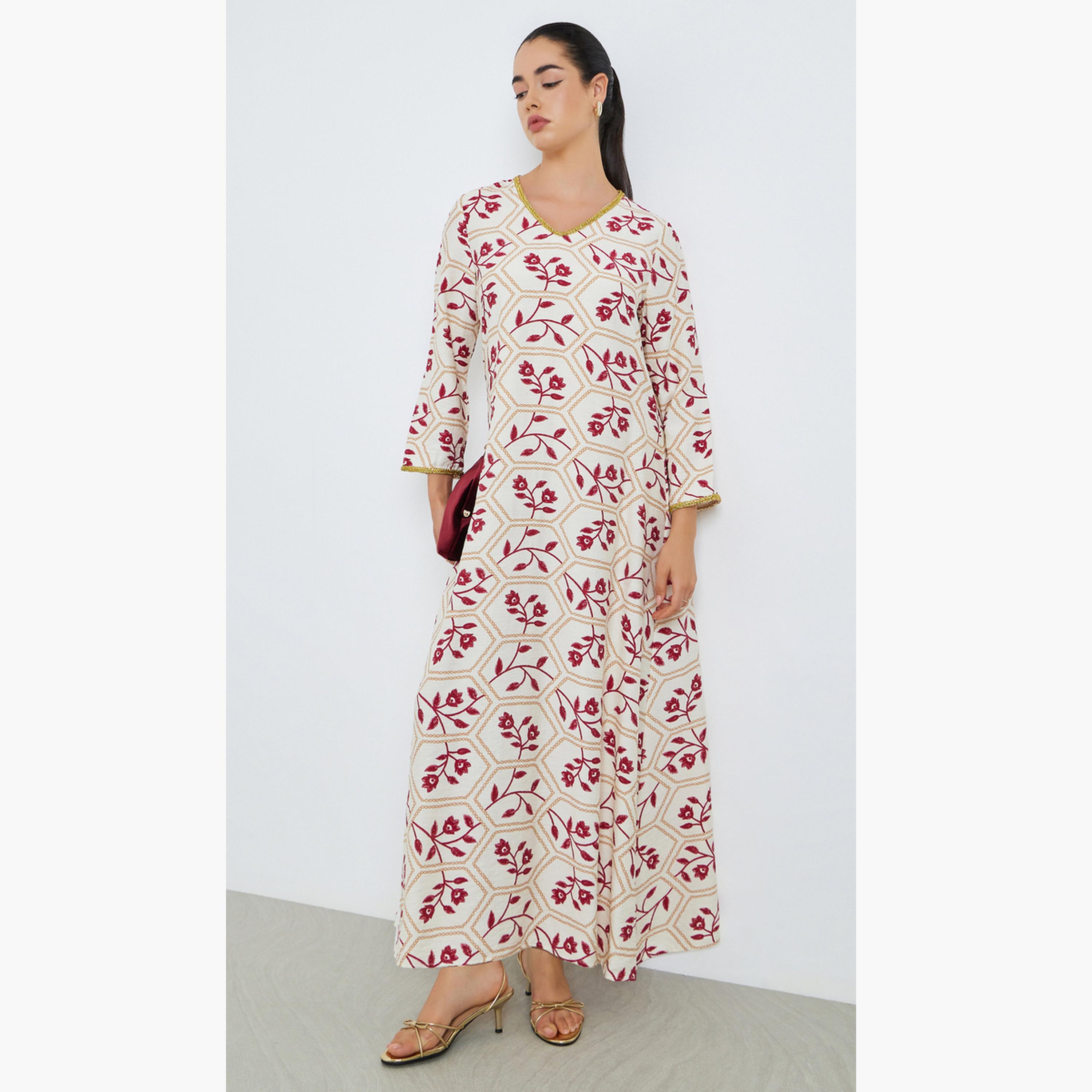 جلابية بحافة واسعة وطبعة زهور للنساء-women-arabicclothing-jalabiyas-image-1
