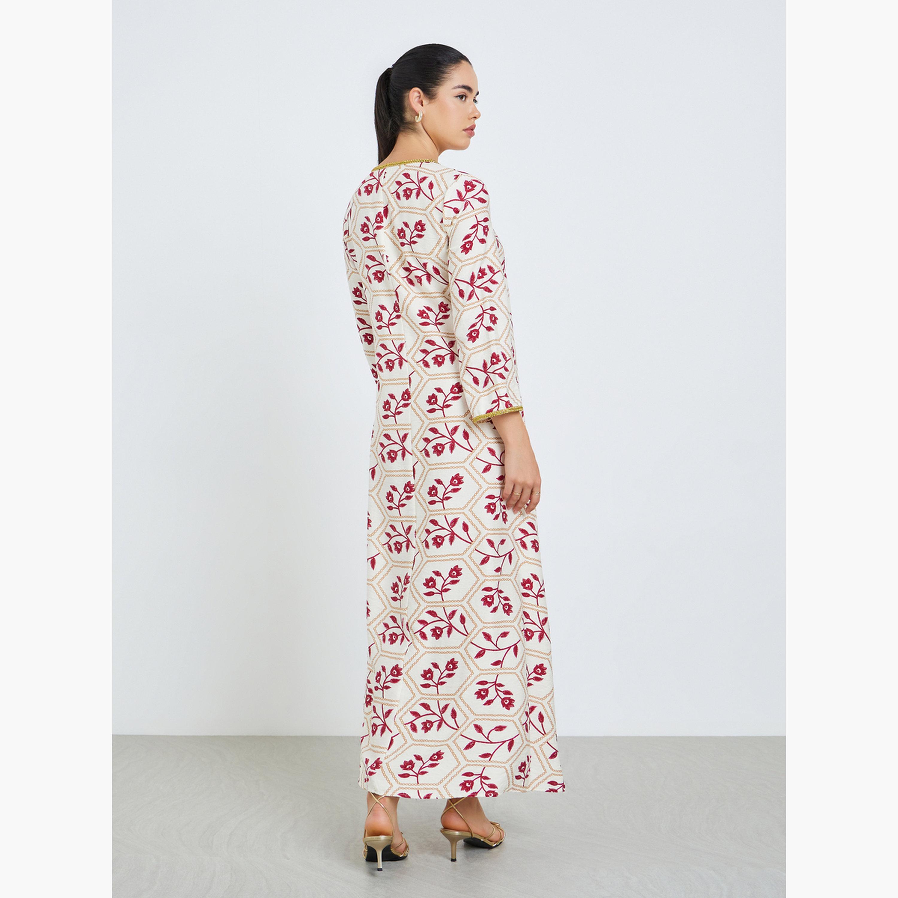 جلابية بحافة واسعة وطبعة زهور للنساء-women-arabicclothing-jalabiyas-image-5