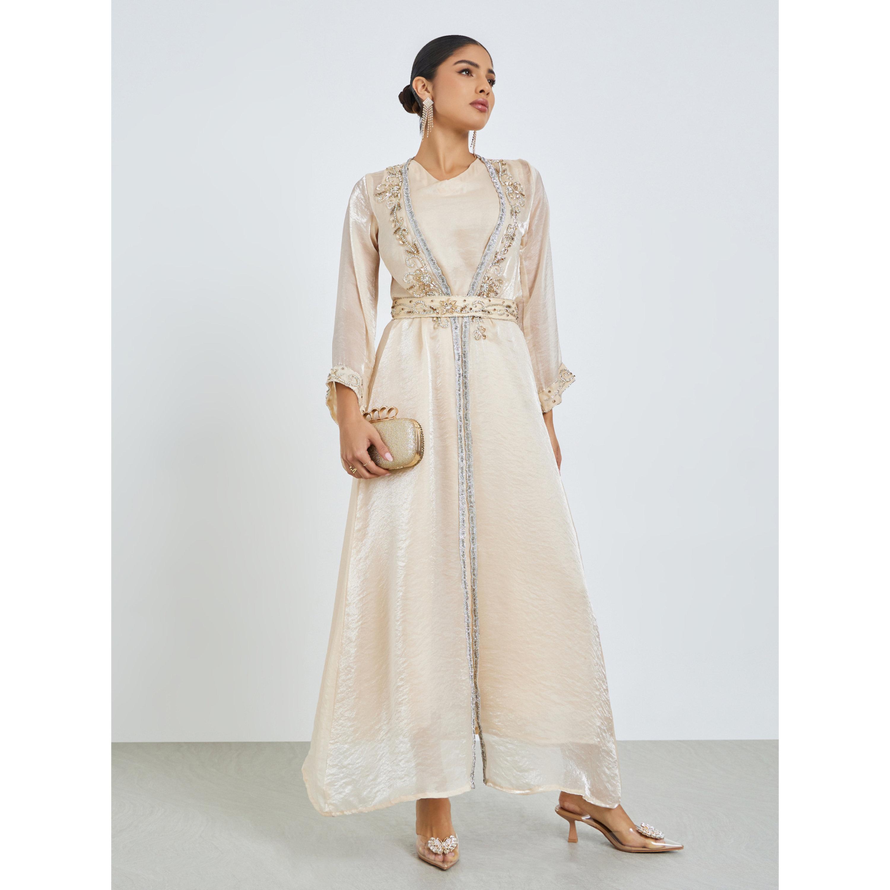 Styli Cream Embellished Kaftan and Maxi Dress Set-women-arabicclothing-sets-image-1
