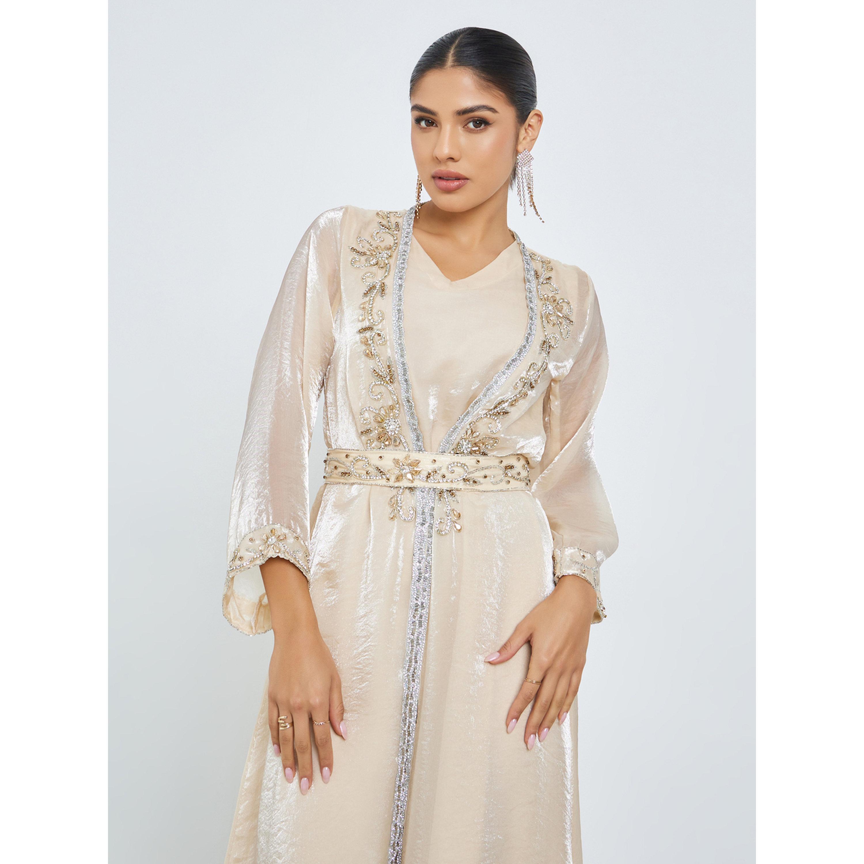 Styli Cream Embellished Kaftan and Maxi Dress Set-women-arabicclothing-sets-image-2