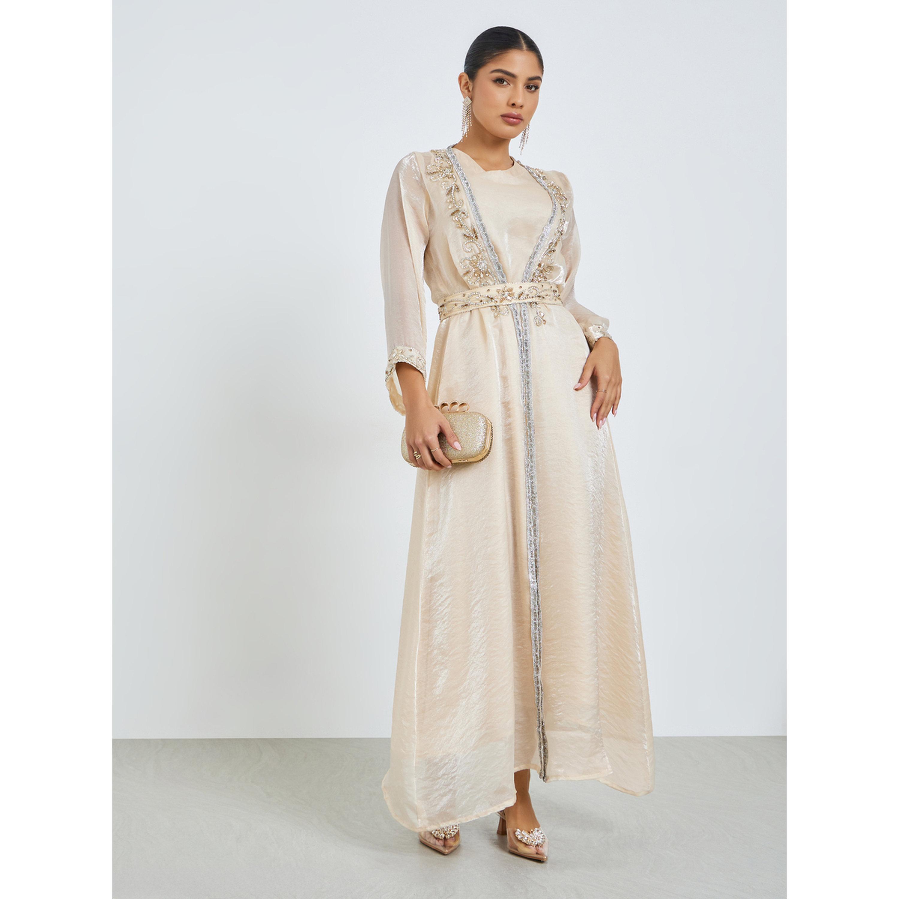 Styli Cream Embellished Kaftan and Maxi Dress Set-women-arabicclothing-sets-image-3