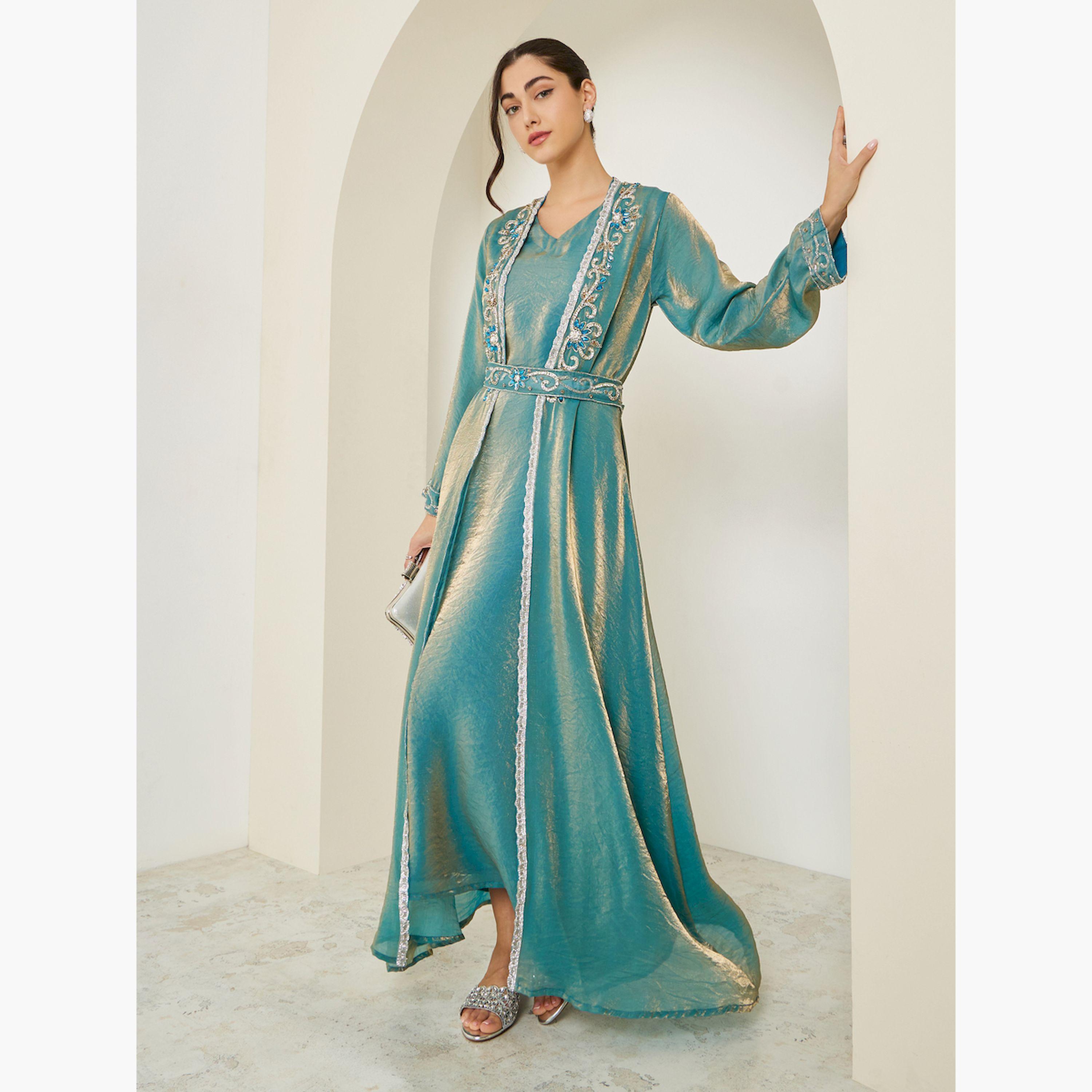 Styli Green Embellished Kimono and Maxi Dress Modest Set-women-arabicclothing-sets-image-1