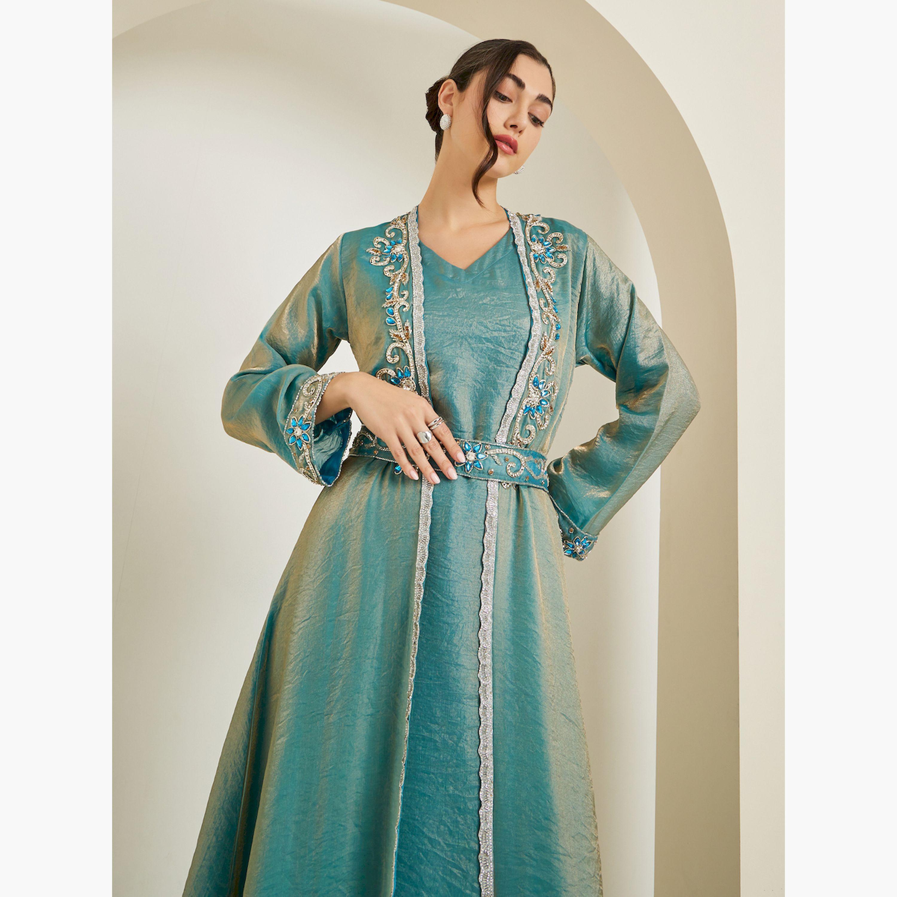 Styli Green Embellished Kimono and Maxi Dress Modest Set-women-arabicclothing-sets-image-2