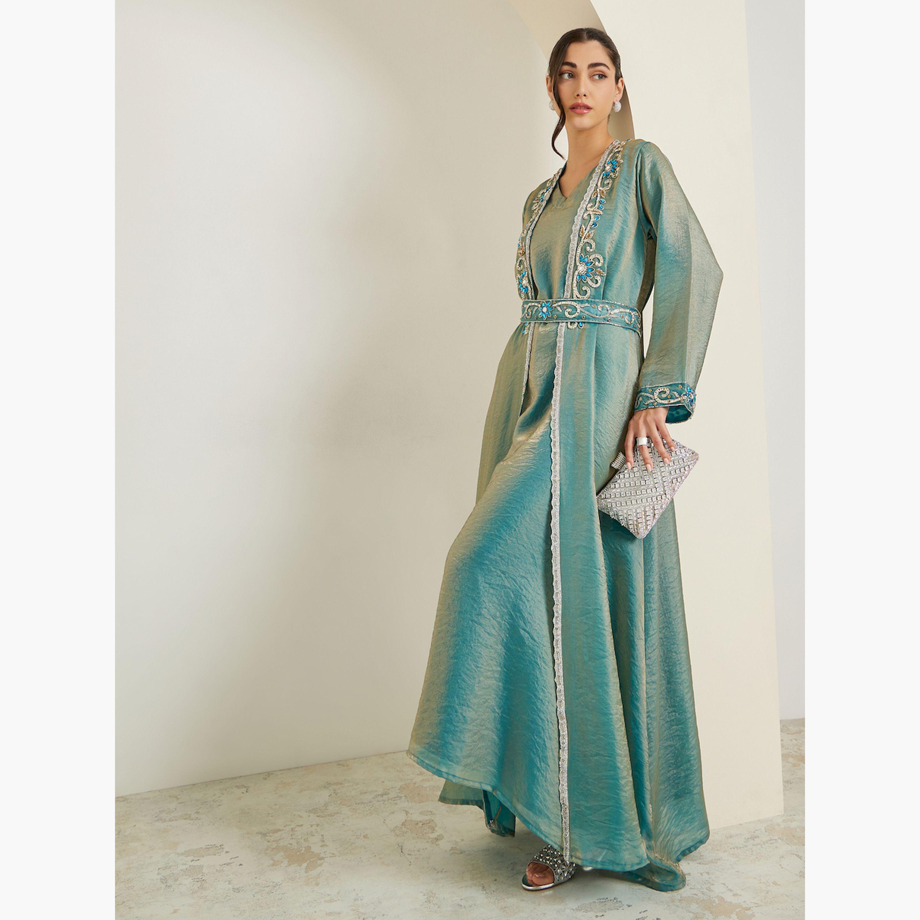 Styli Green Embellished Kimono and Maxi Dress Modest Set-women-arabicclothing-sets-image-3
