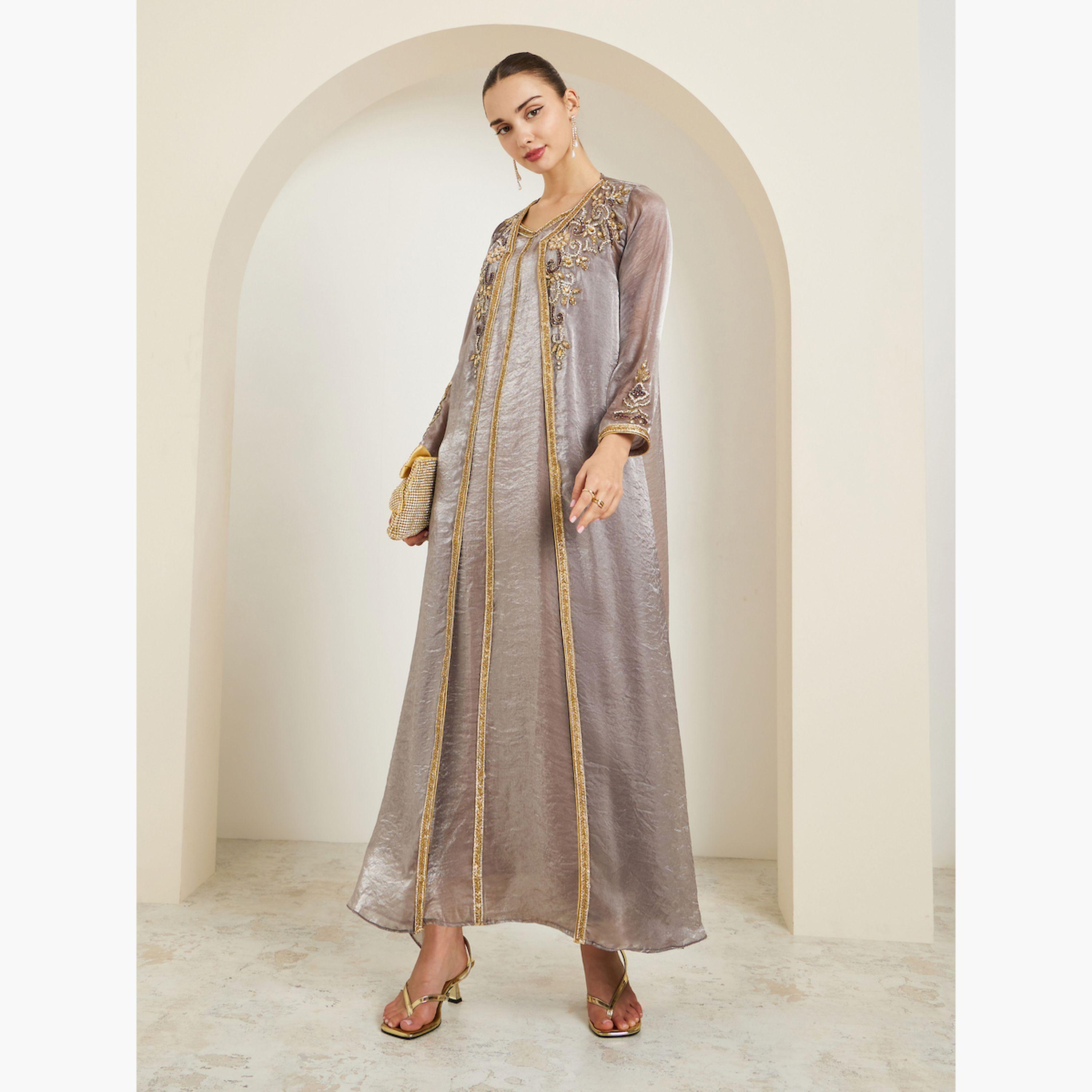 Styli Brown Hand Embroidered A-Line Kaftan-women-arabicclothing-kaftan-image-1