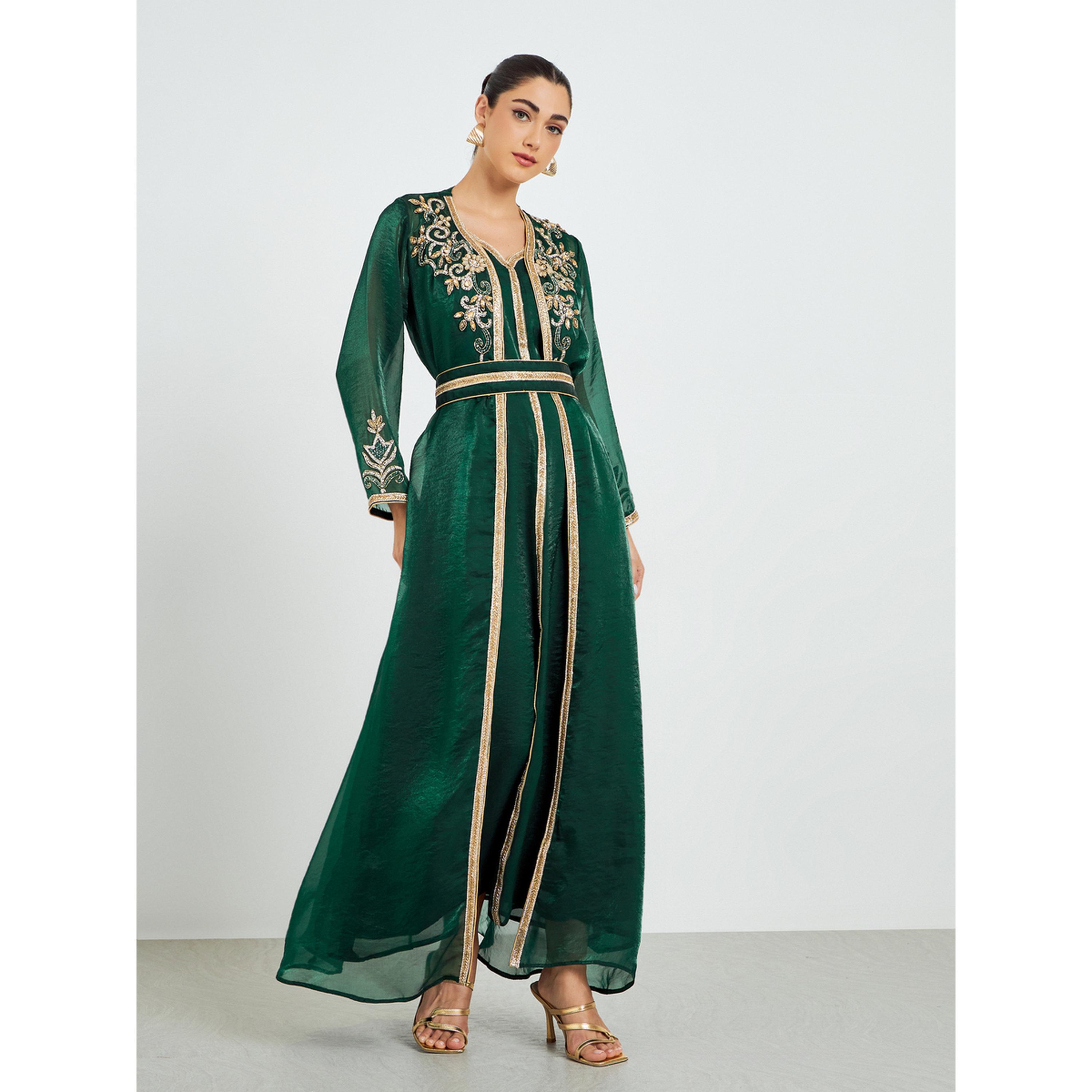 ستايلي - طقم قفطان أخضر مزين بحزام وفستان ماكسي-women-arabicclothing-sets-image-1