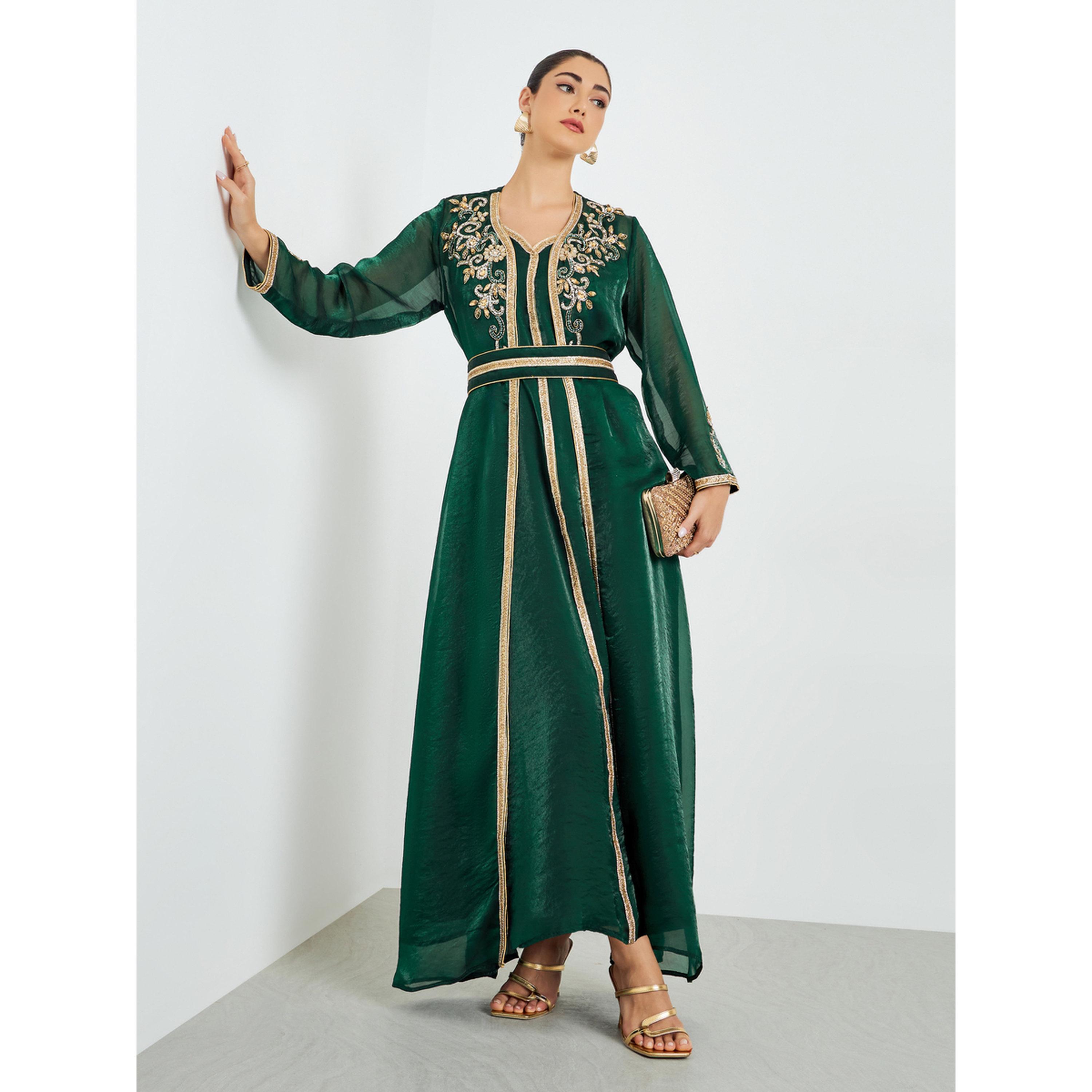 Styli Green Belted Embellished Kaftan with Maxi Dress Set-women-arabicclothing-sets-image-3