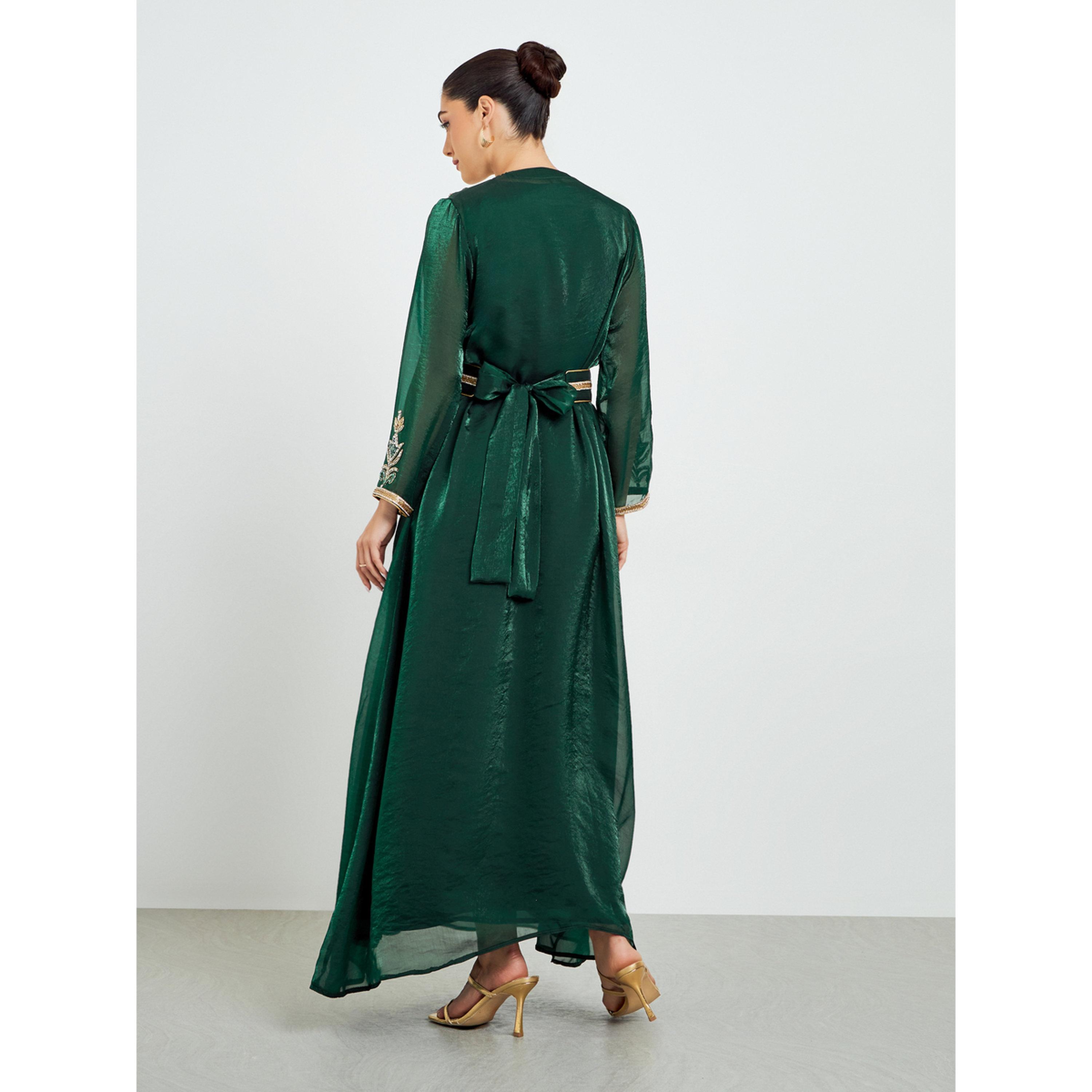 Styli Green Belted Embellished Kaftan with Maxi Dress Set-women-arabicclothing-sets-image-4