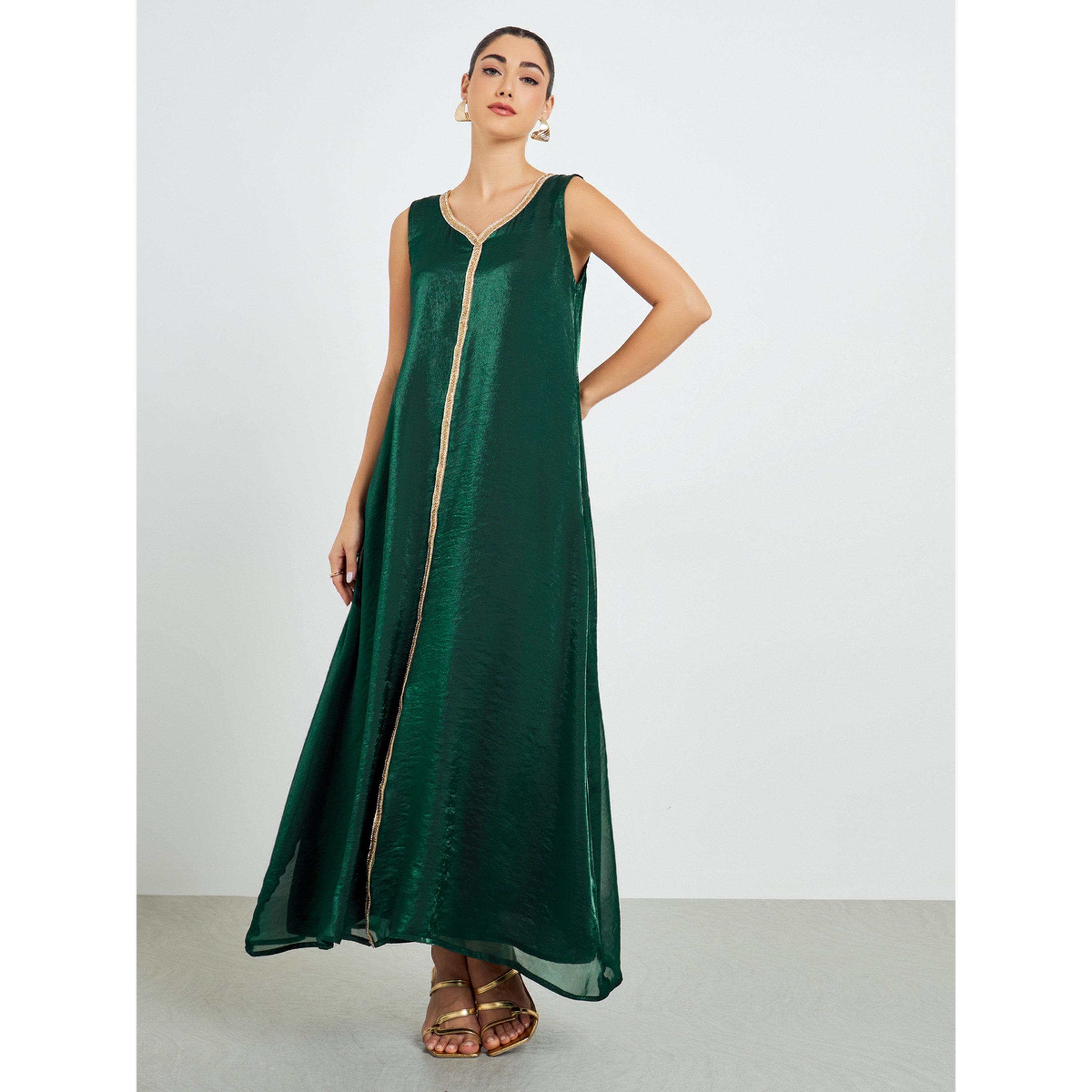 Styli Green Belted Embellished Kaftan with Maxi Dress Set-women-arabicclothing-sets-image-5