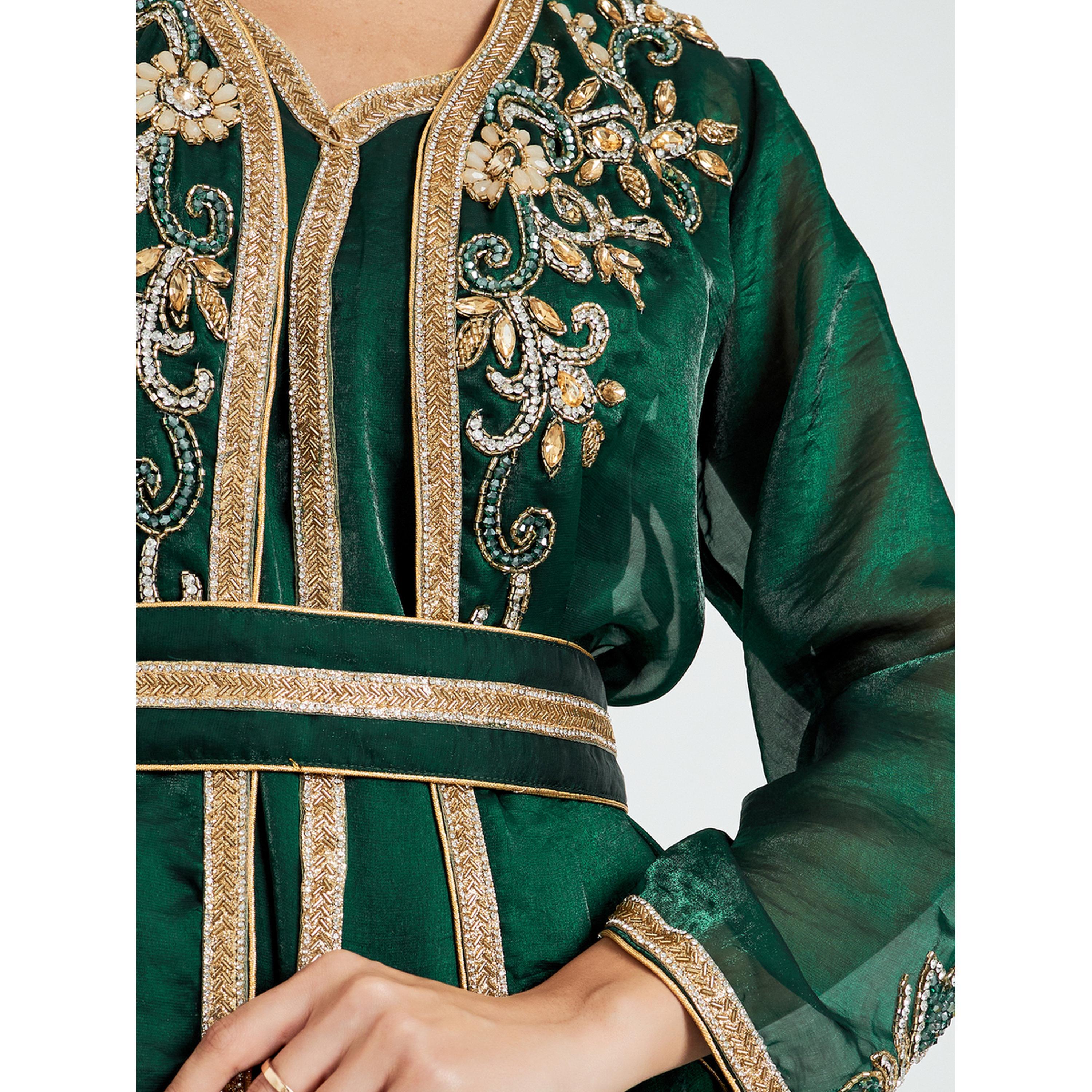 Styli Green Belted Embellished Kaftan with Maxi Dress Set-women-arabicclothing-sets-image-6