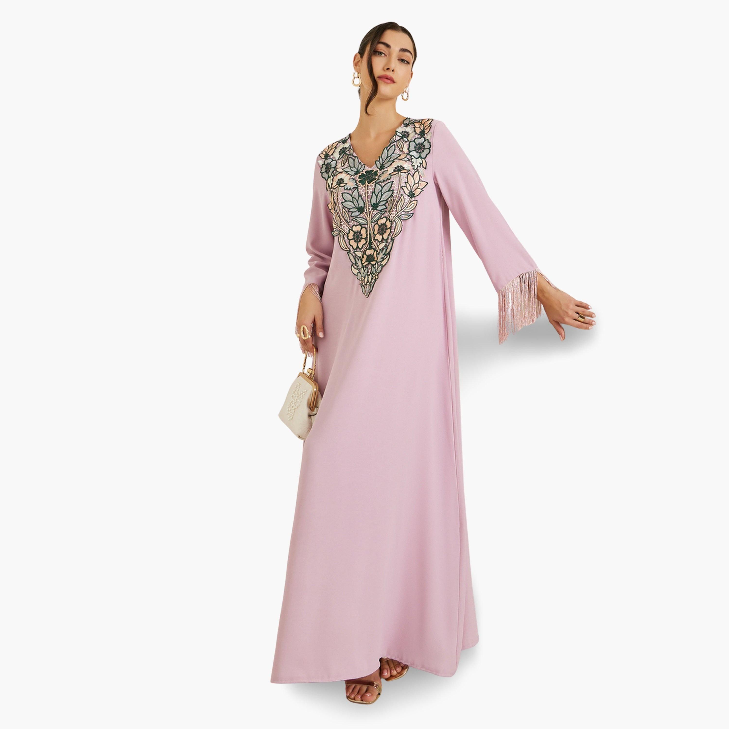 جلابية وردية مطرزة بحافة واسعة-women-arabicclothing-jalabiyas-image-1