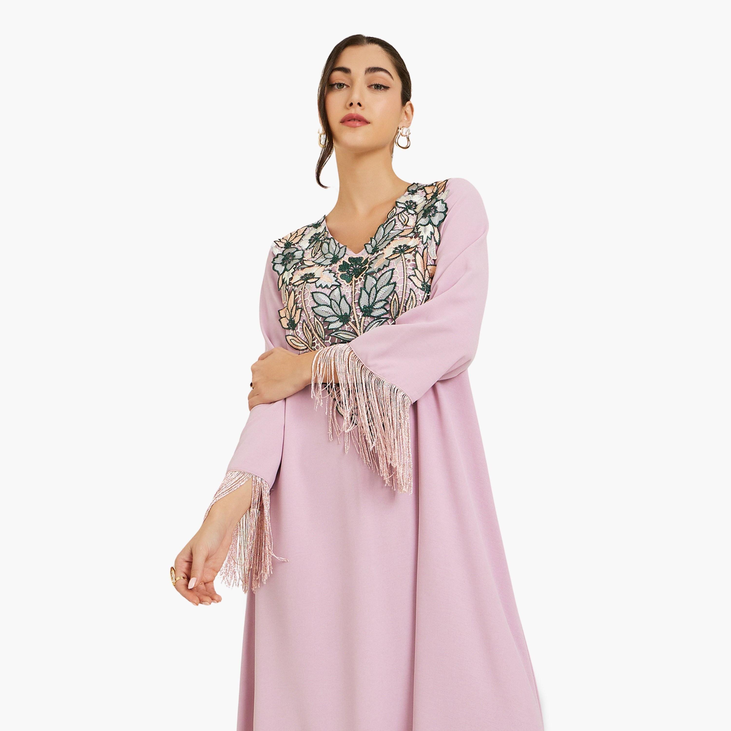 جلابية وردية مطرزة بحافة واسعة-women-arabicclothing-jalabiyas-image-2