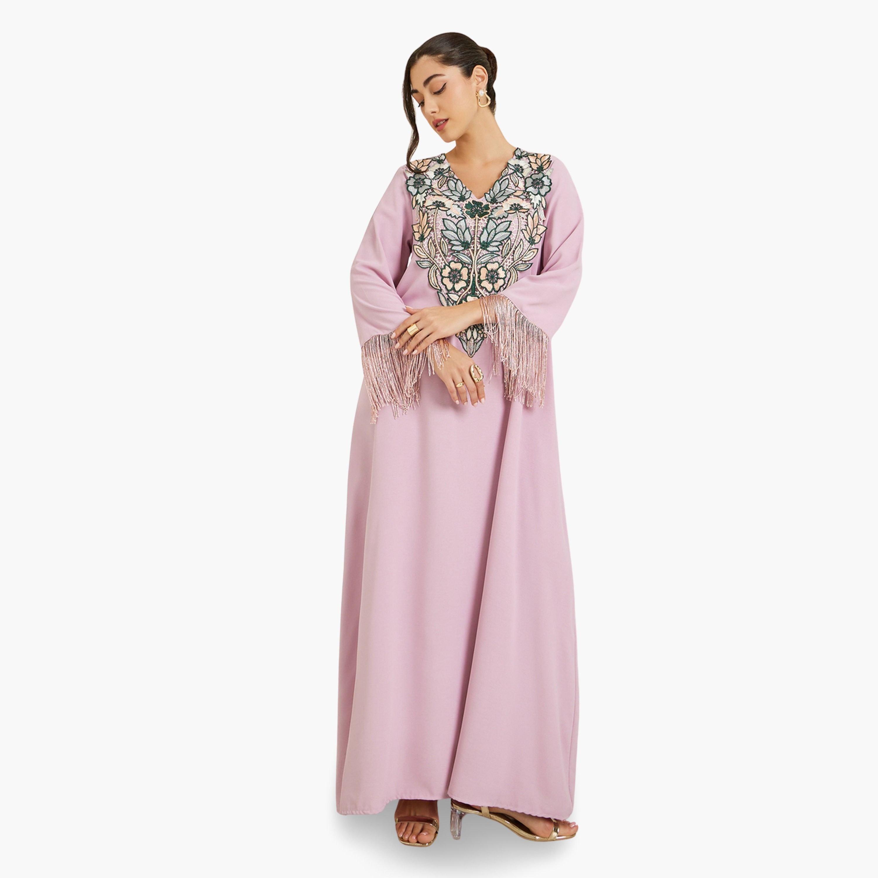 جلابية وردية مطرزة بحافة واسعة-women-arabicclothing-jalabiyas-image-3