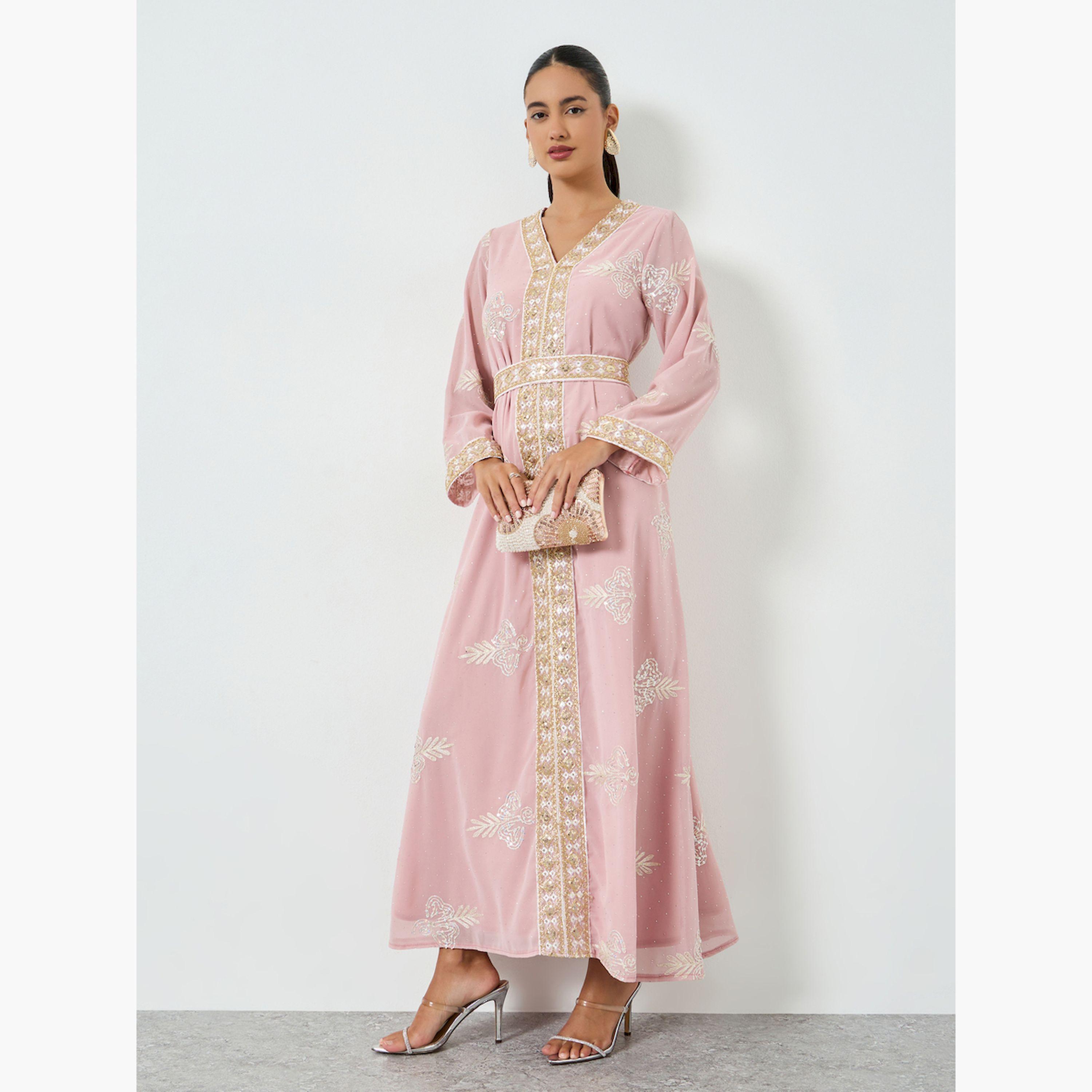جلابية مطرزة بترتر مع حزام ربط-women-arabicclothing-jalabiyas-image-1