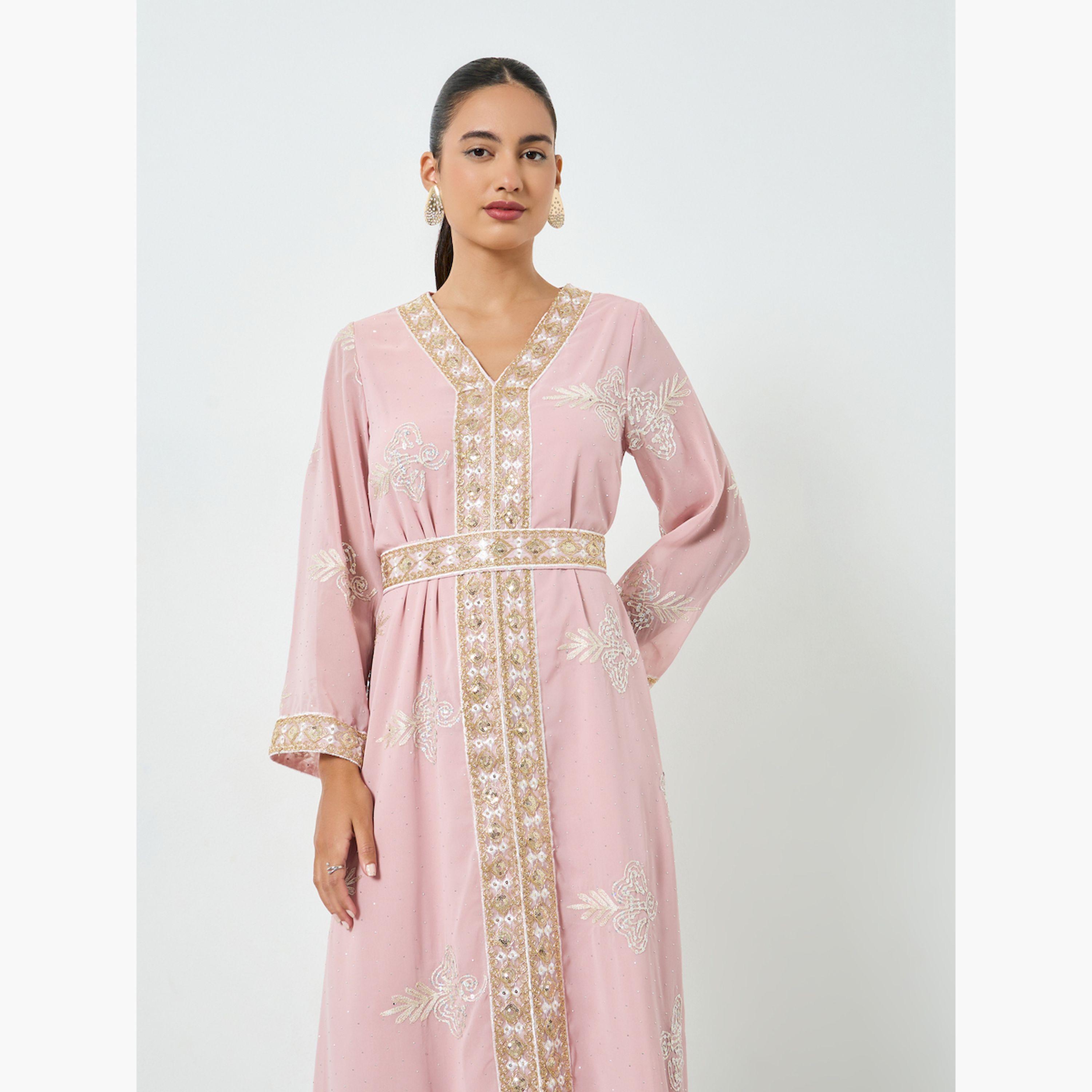 Styli Pink Sequin Embroidered Jalabiya with Tie Belt-women-arabicclothing-jalabiyas-image-2