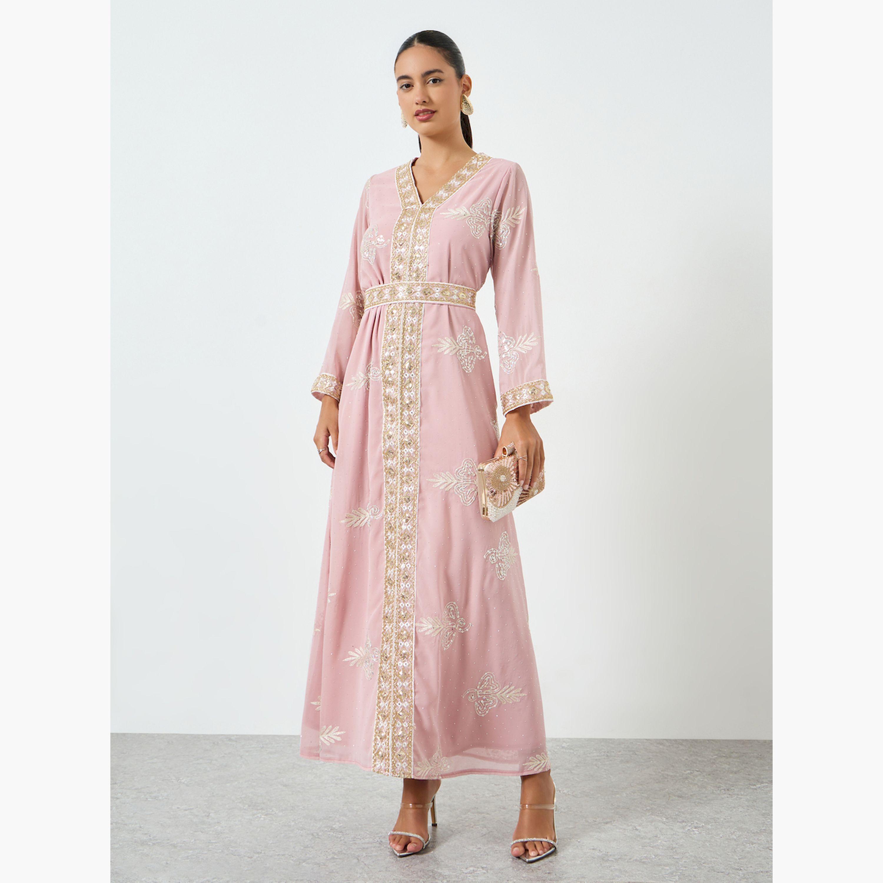 Styli Pink Sequin Embroidered Jalabiya with Tie Belt-women-arabicclothing-jalabiyas-image-3