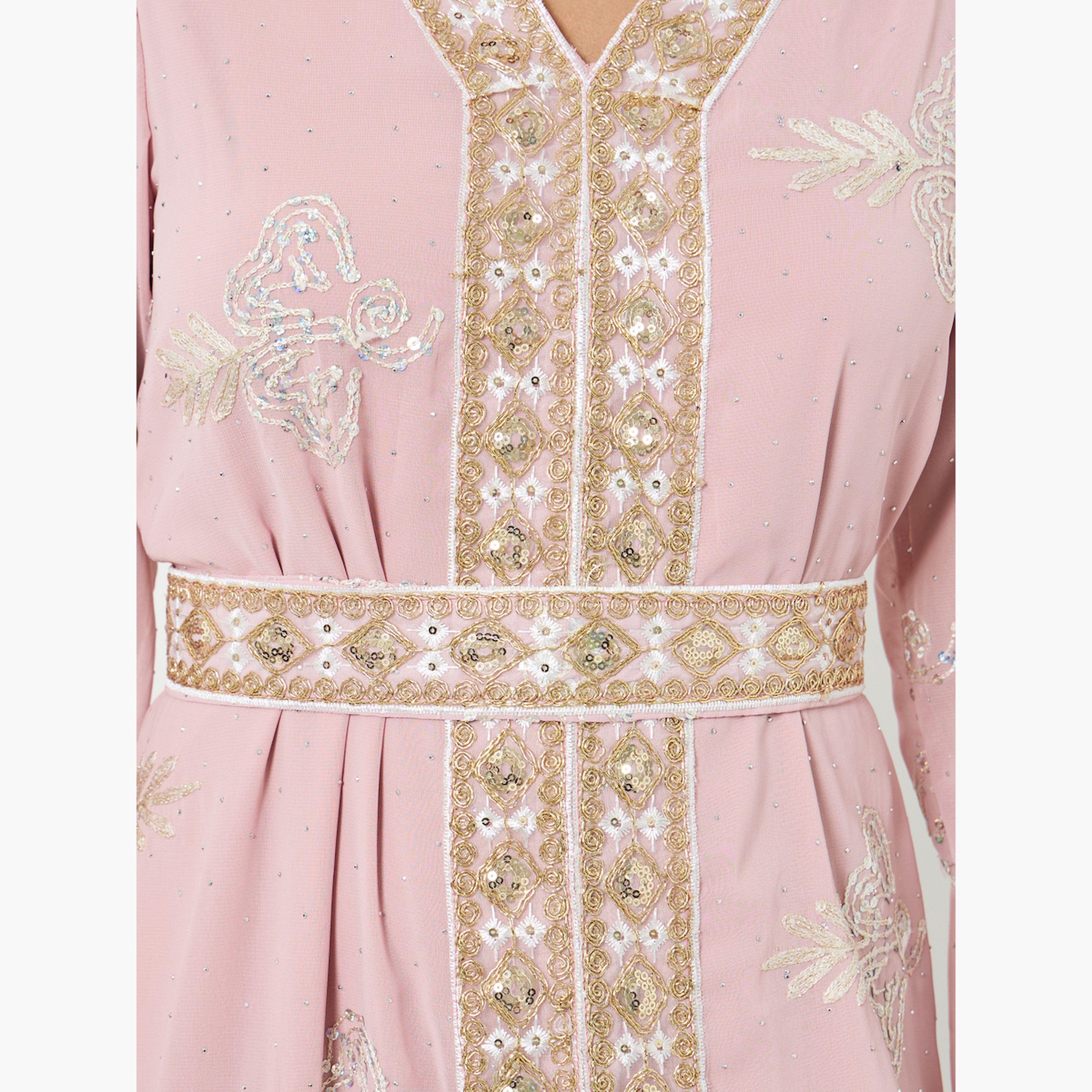 جلابية مطرزة بترتر مع حزام ربط-women-arabicclothing-jalabiyas-image-4