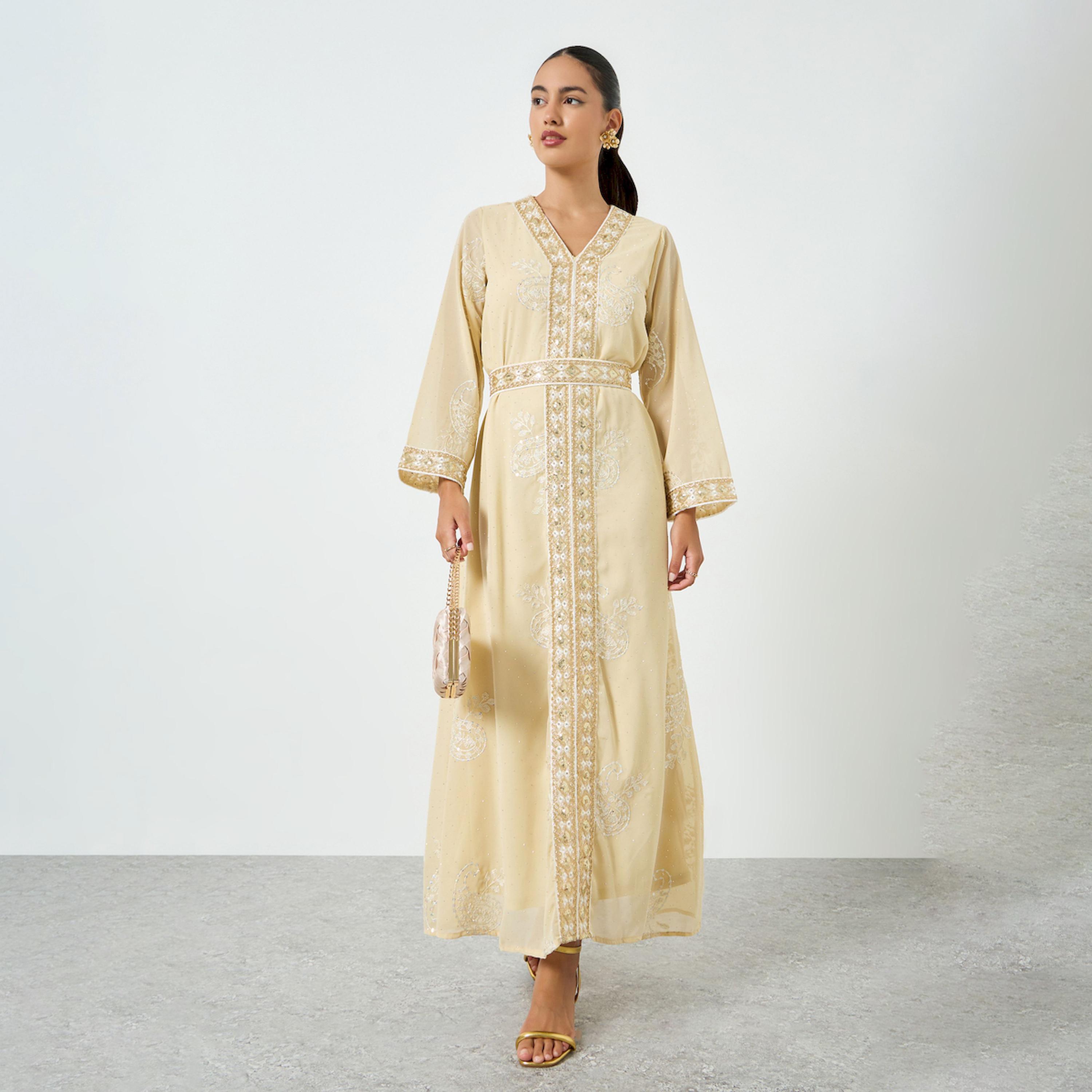 جلابية مطرزة بترتر مع حزام ربط-women-arabicclothing-jalabiyas-image-1
