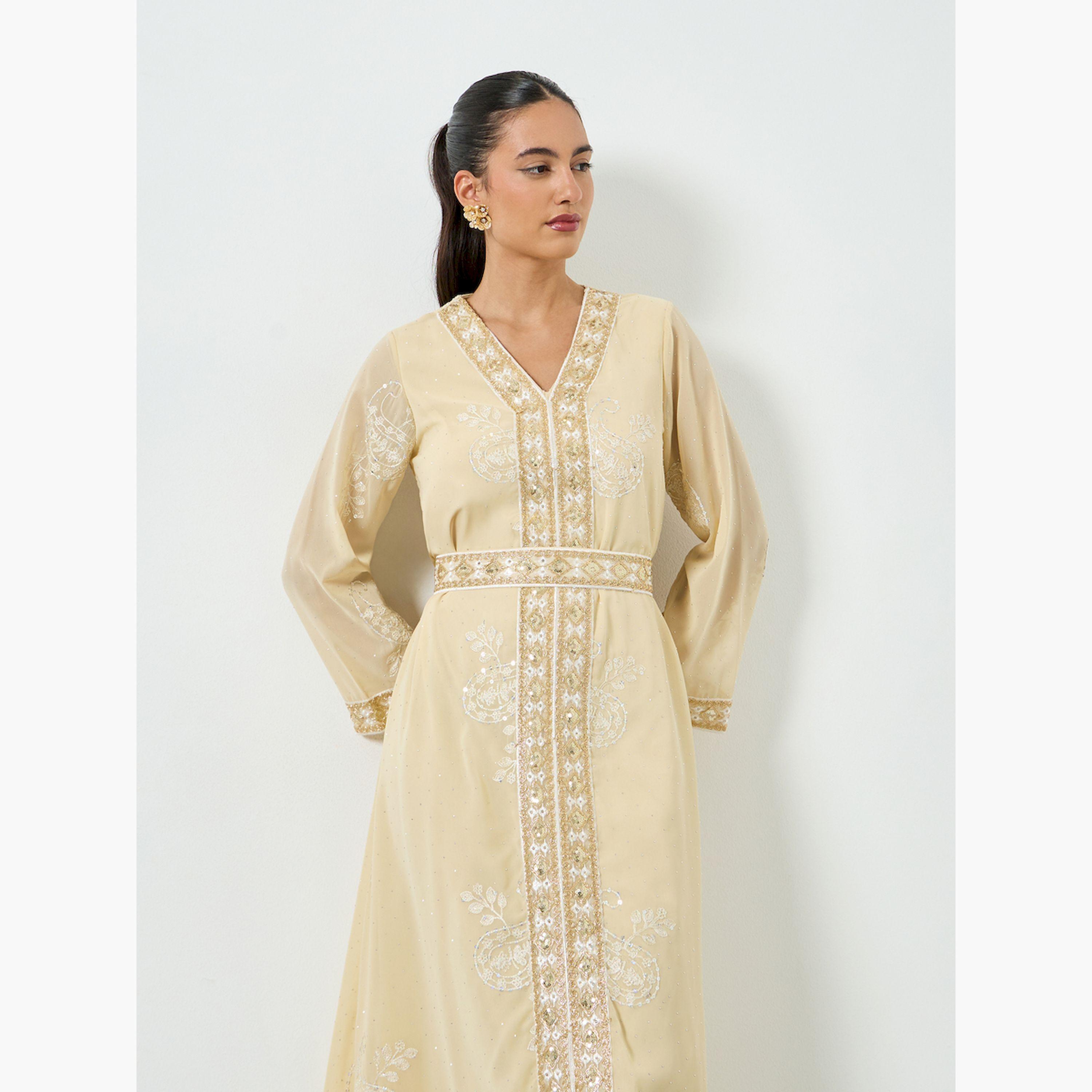 جلابية مطرزة بترتر مع حزام ربط-women-arabicclothing-jalabiyas-image-2