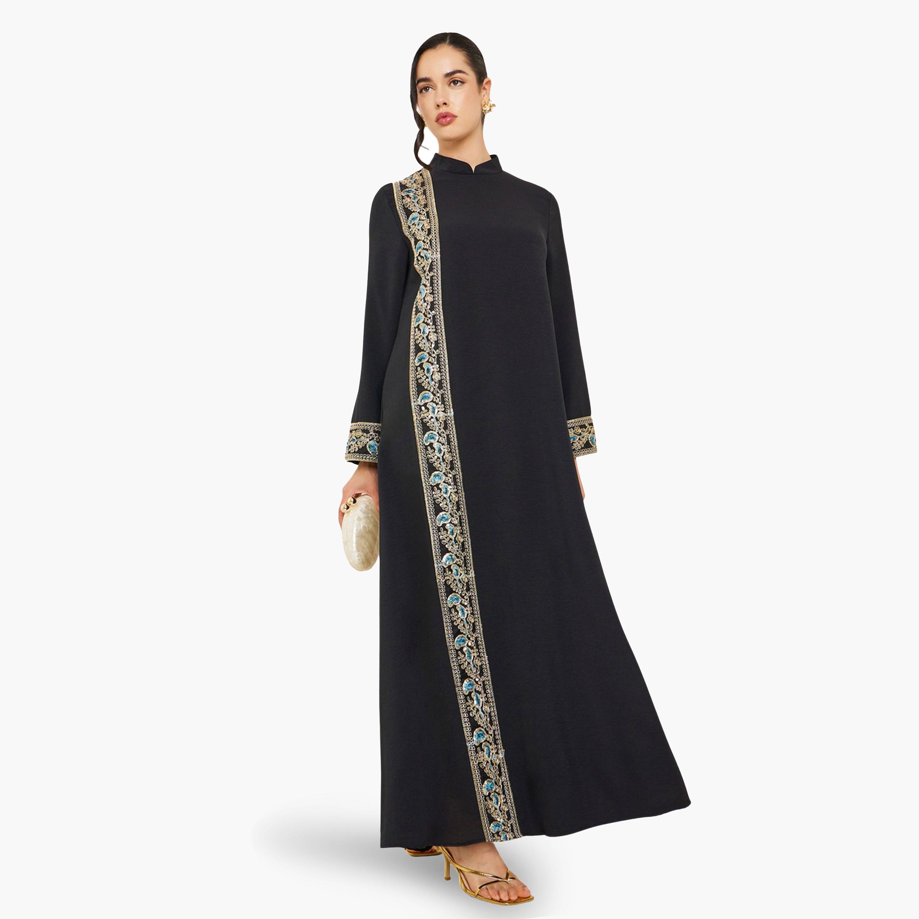 Styli Women Black Collared Lace Insert Jalabiya-women-arabicclothing-jalabiyas-image-1