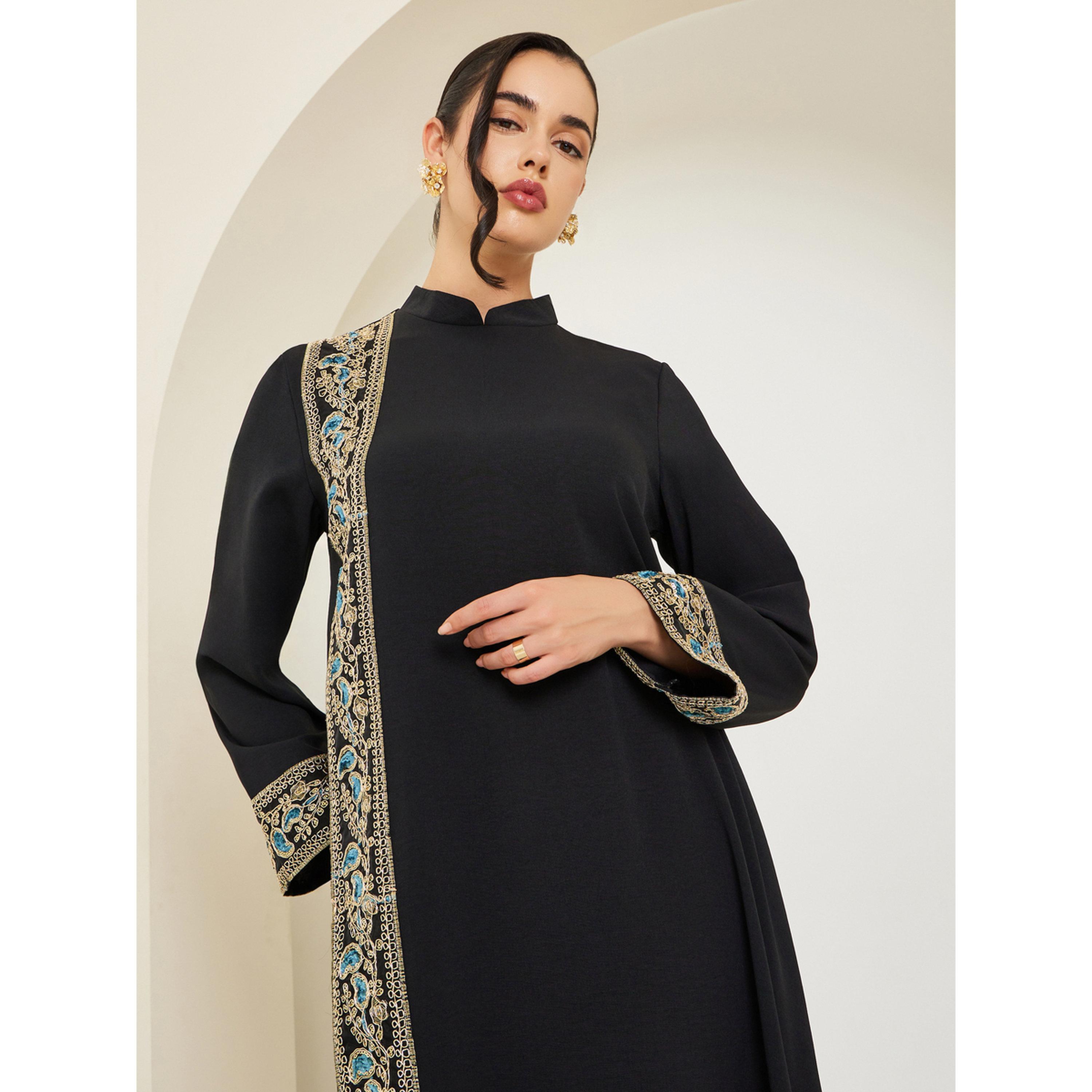 Styli Women Black Collared Lace Insert Jalabiya-women-arabicclothing-jalabiyas-image-2