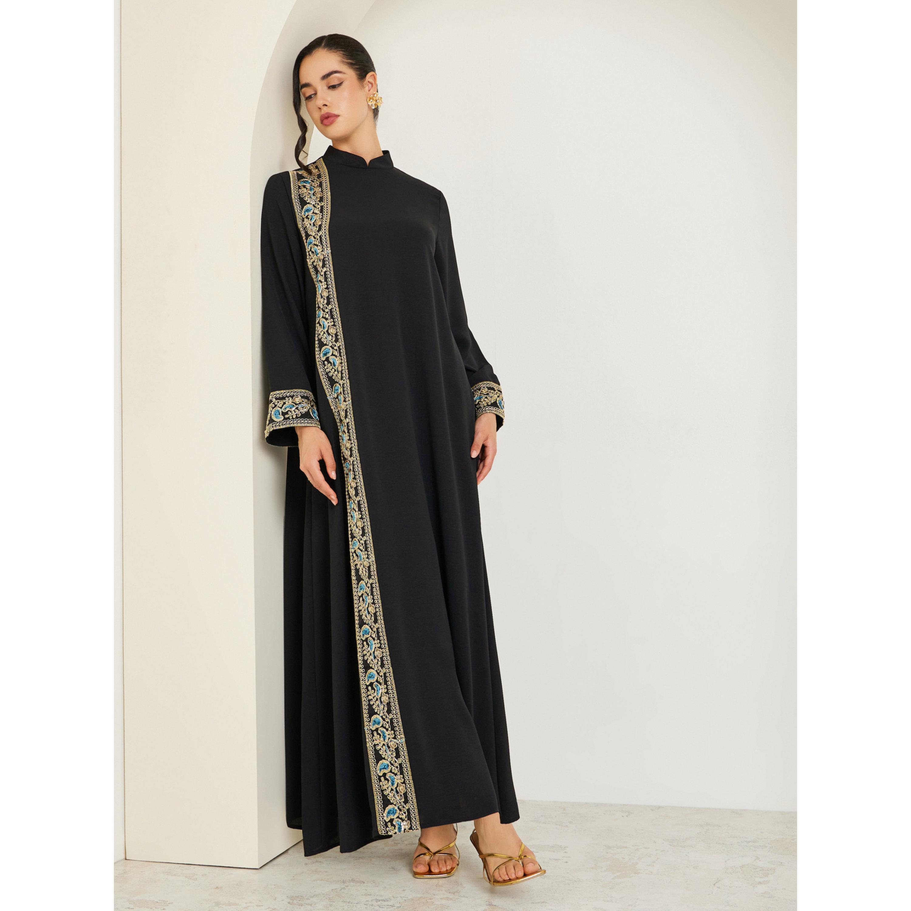 Styli Women Black Collared Lace Insert Jalabiya-women-arabicclothing-jalabiyas-image-3