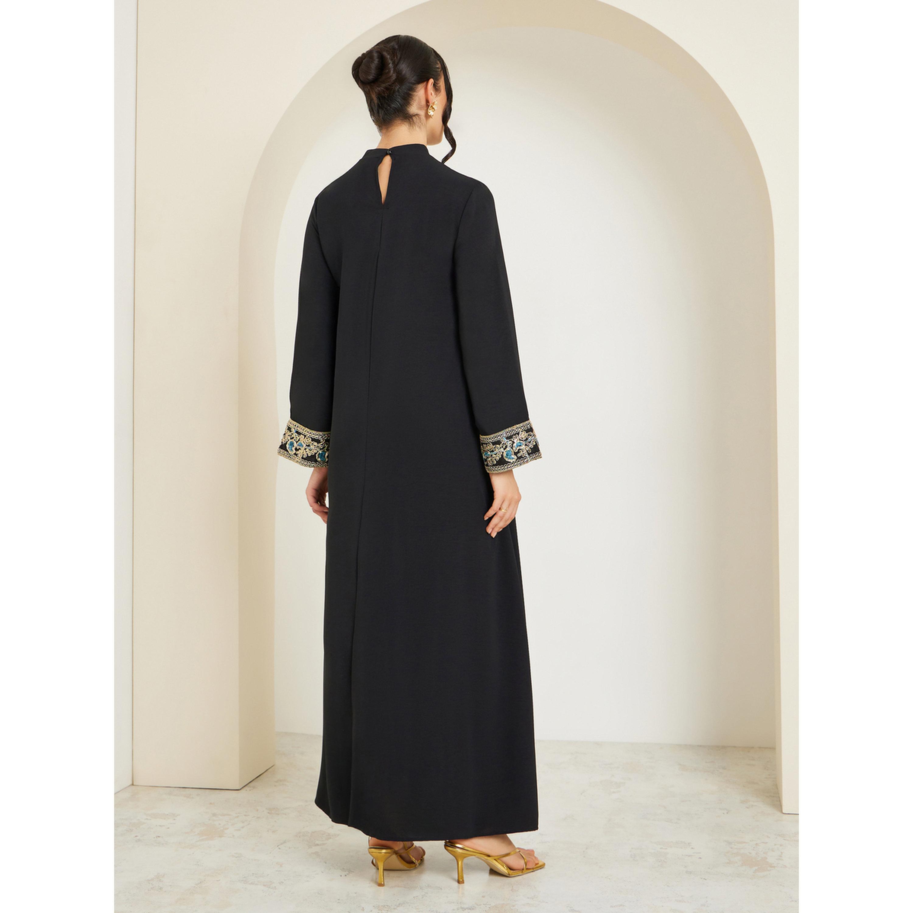 Styli Women Black Collared Lace Insert Jalabiya-women-arabicclothing-jalabiyas-image-5
