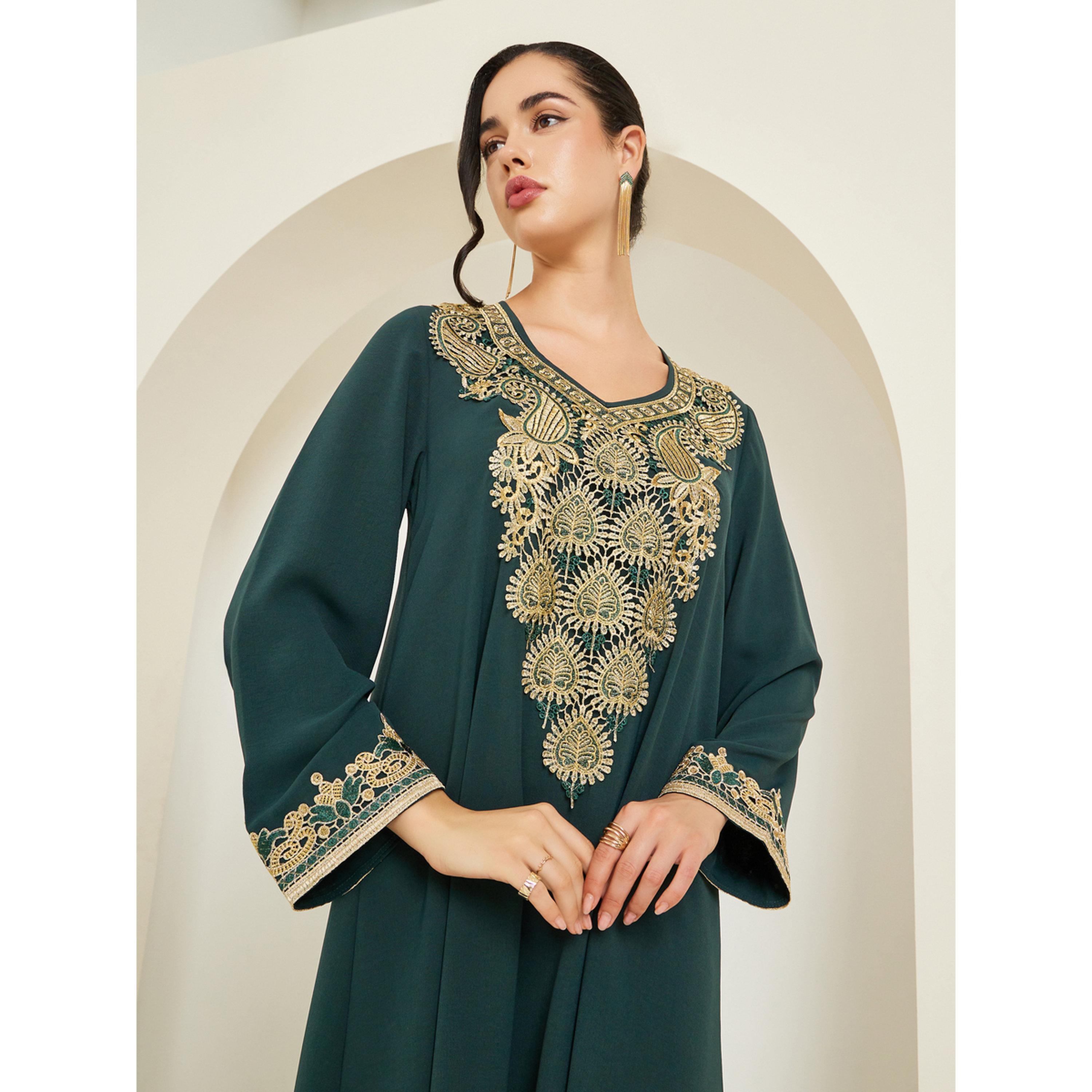 Styli Women Emerald Green Jalabiya with Gold Embroidery-women-arabicclothing-jalabiyas-image-2