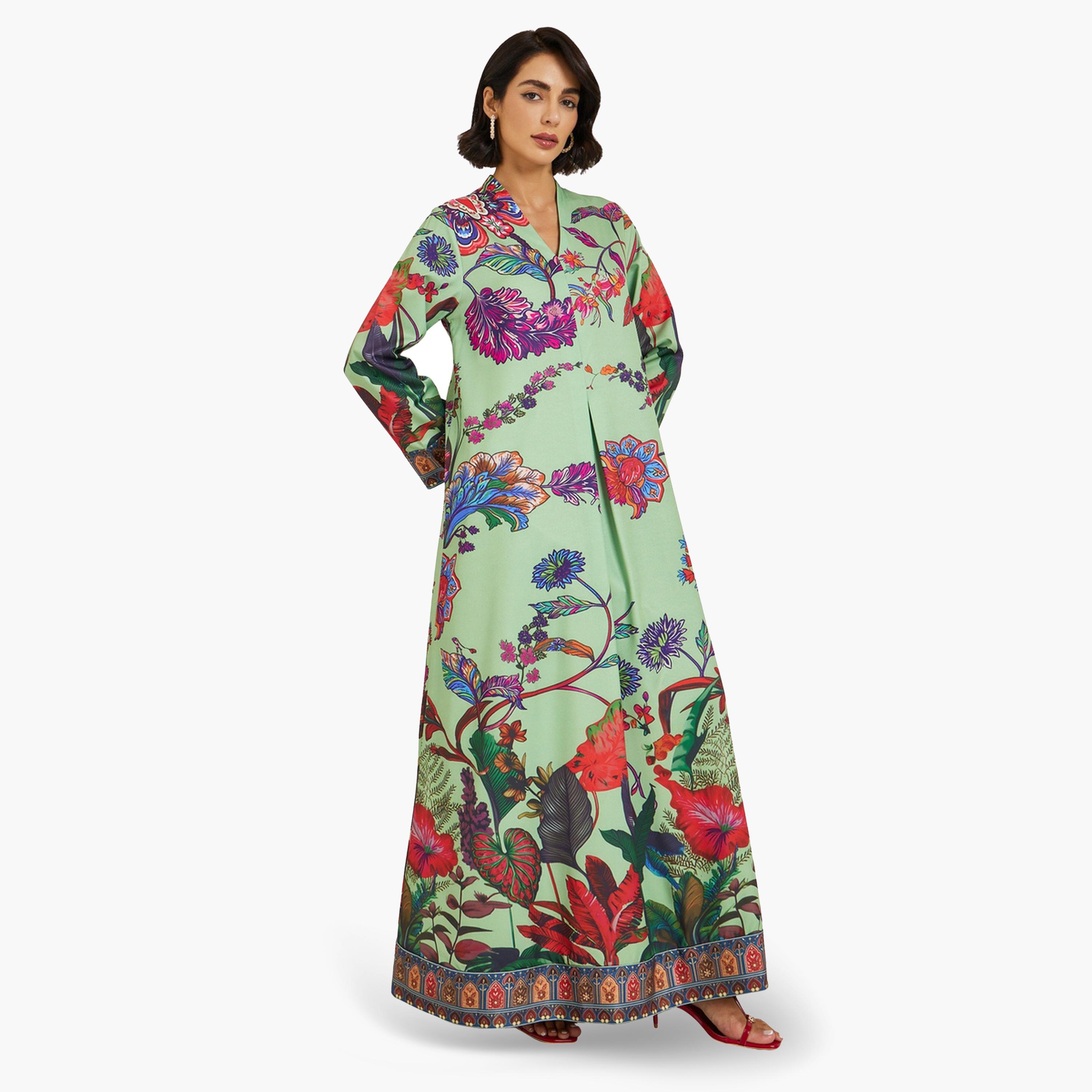 Styli Women Green Floral Print A-Line Jalabiya-women-arabicclothing-jalabiyas-image-1