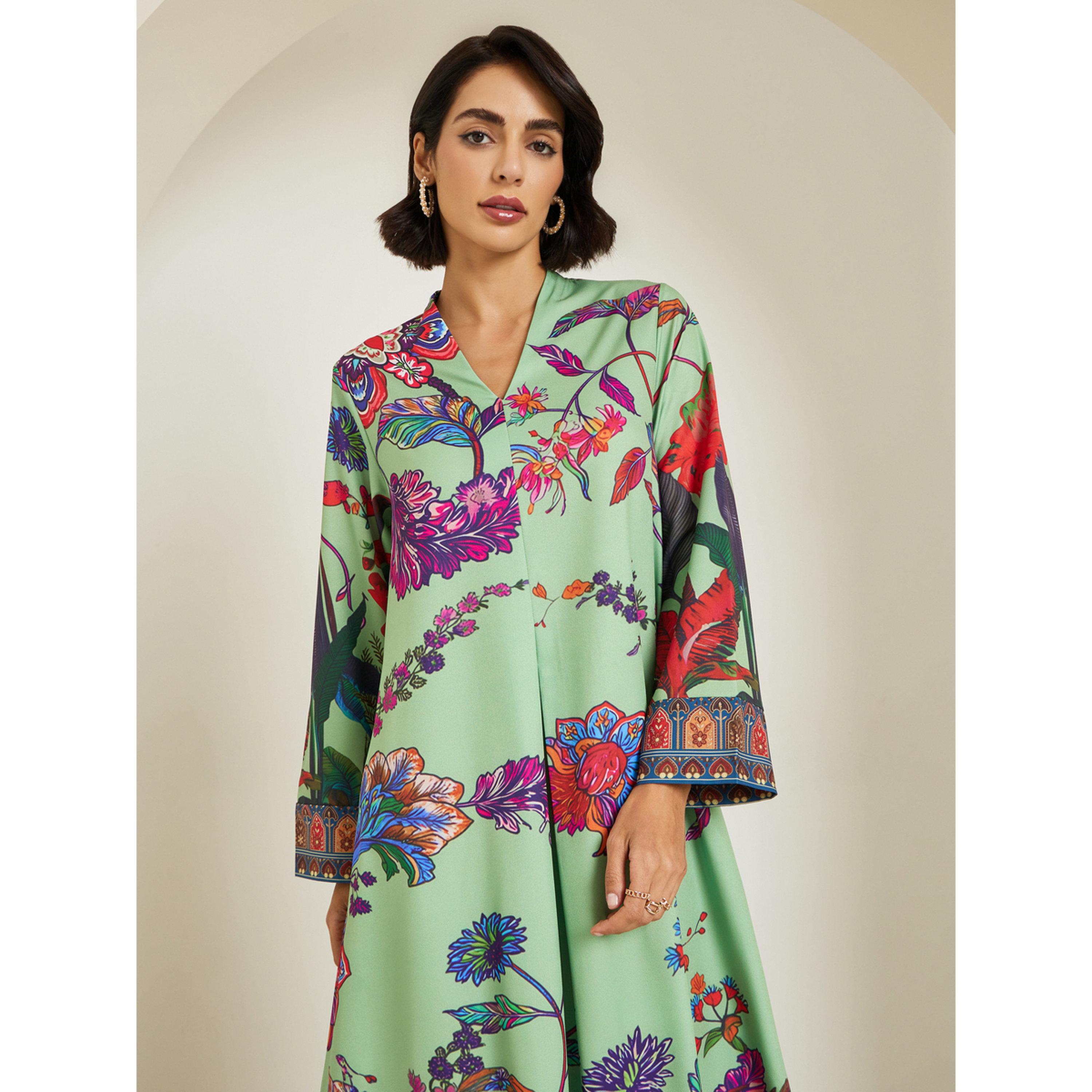 Styli Women Green Floral Print A-Line Jalabiya-women-arabicclothing-jalabiyas-image-2