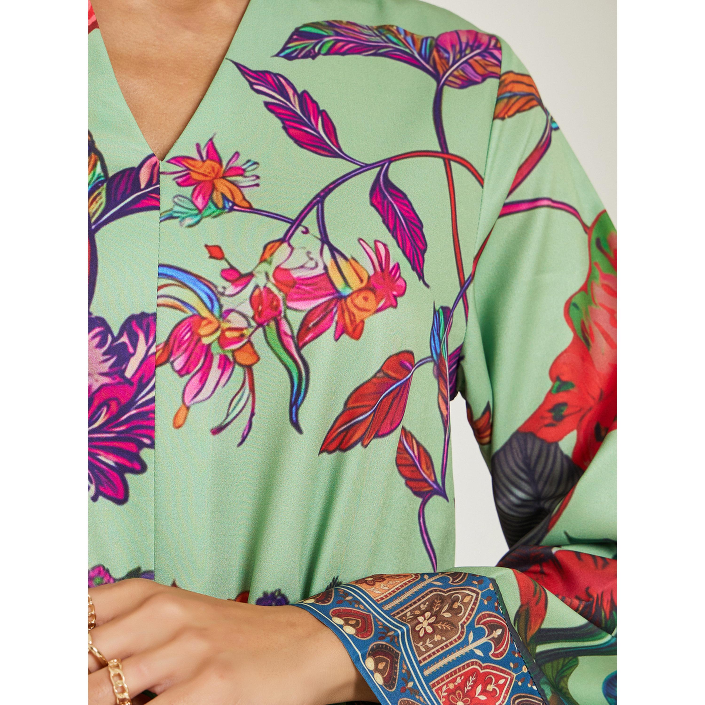 Styli Women Green Floral Print A-Line Jalabiya-women-arabicclothing-jalabiyas-image-4
