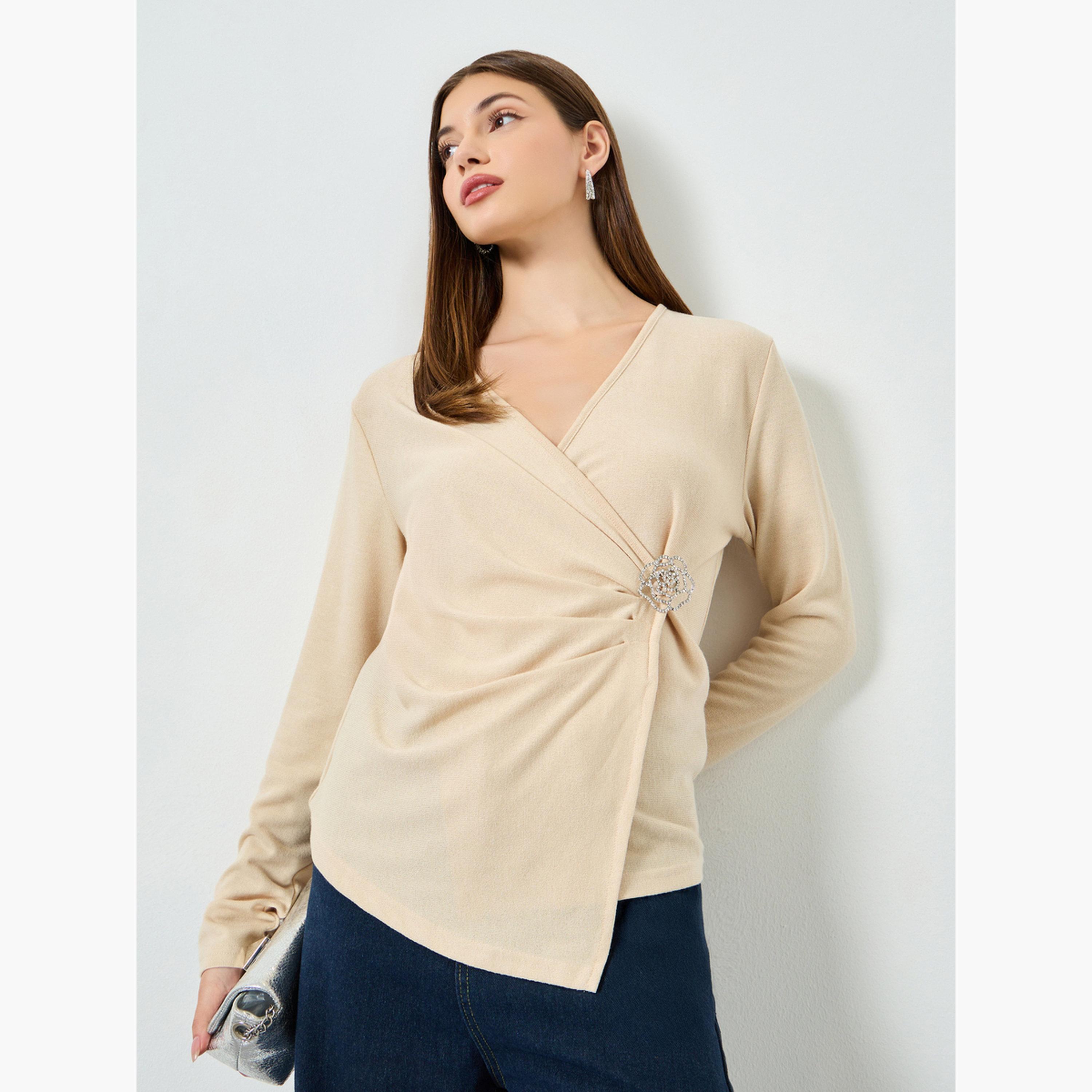 Styli Beige Embellished Wrap Top-women-clothing-shirtsandblouses-blouses-image-1