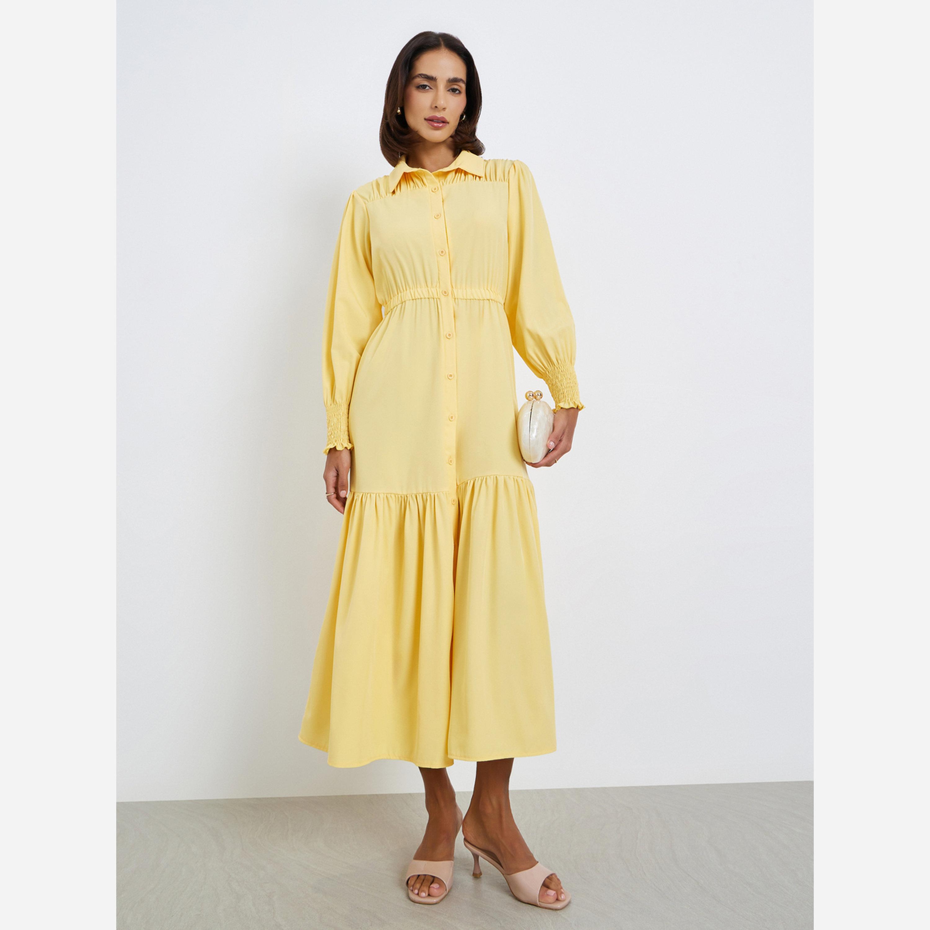 Styli Solid Casual Shirt Gathered Midi Dress-women-clothing-dresses-image-1