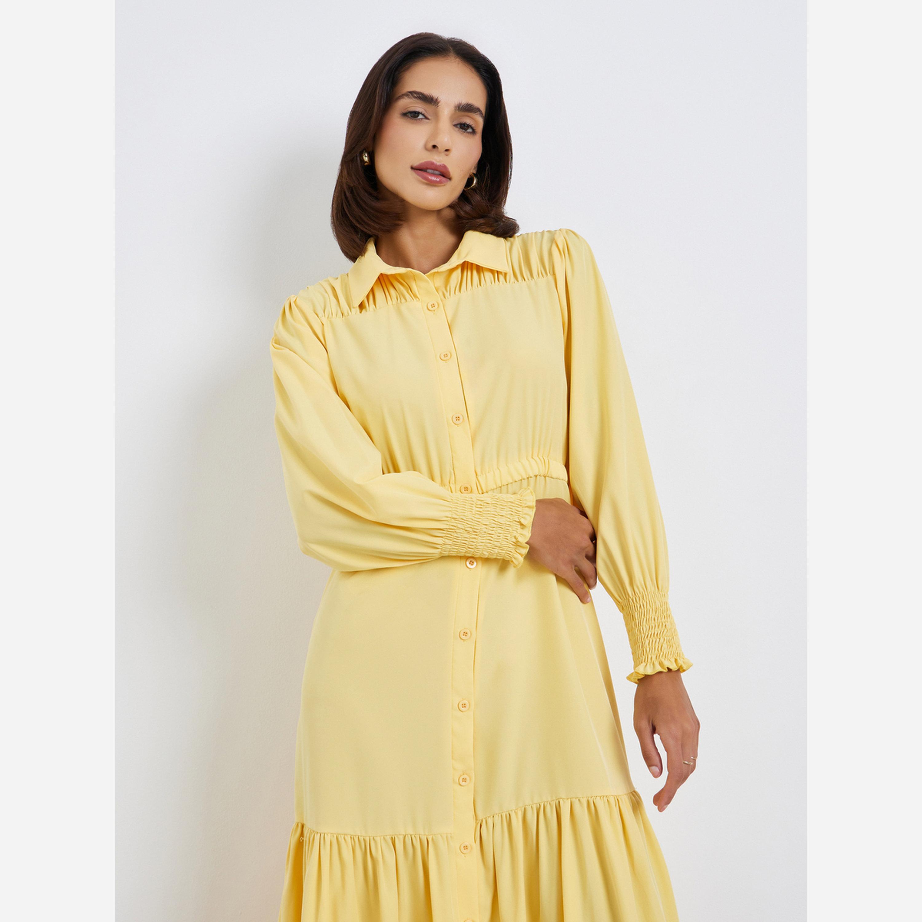 Styli Solid Casual Shirt Gathered Midi Dress-women-clothing-dresses-image-2